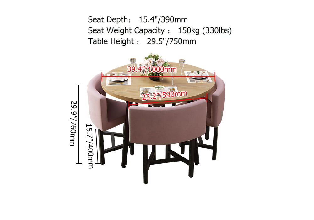 HMR Dining Set 39.4" Modern Round Wood Dining Table with 4 Chairs - Pink/Natural
