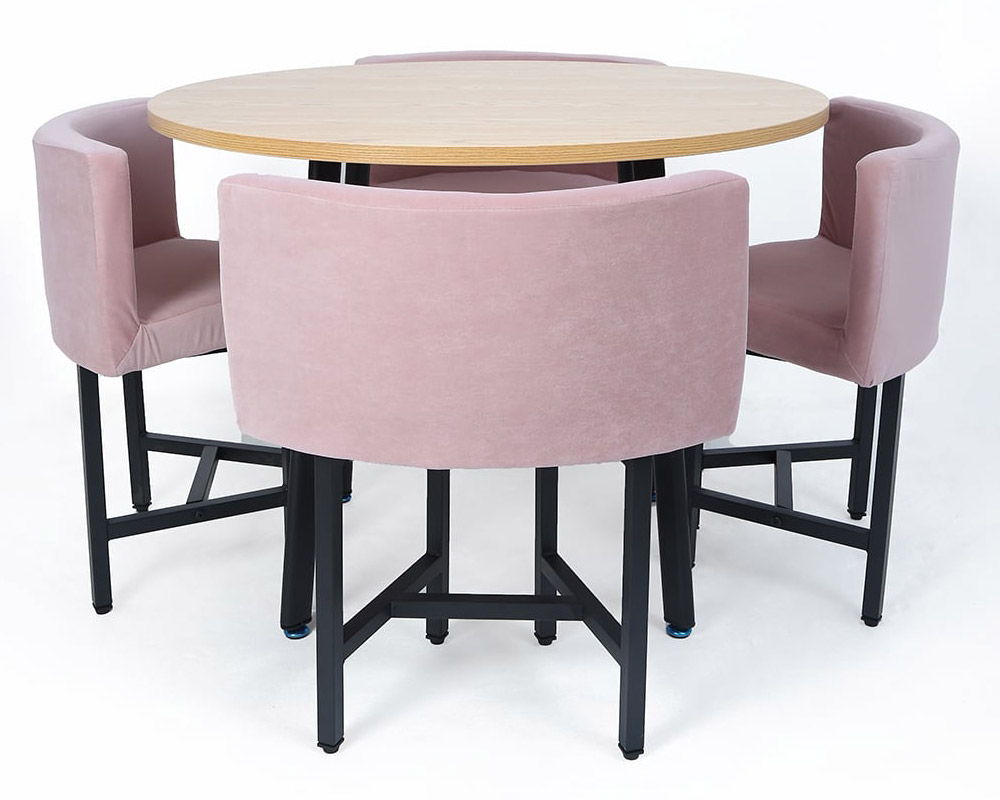 HMR Dining Set 39.4" Modern Round Wood Dining Table with 4 Chairs - Pink/Natural