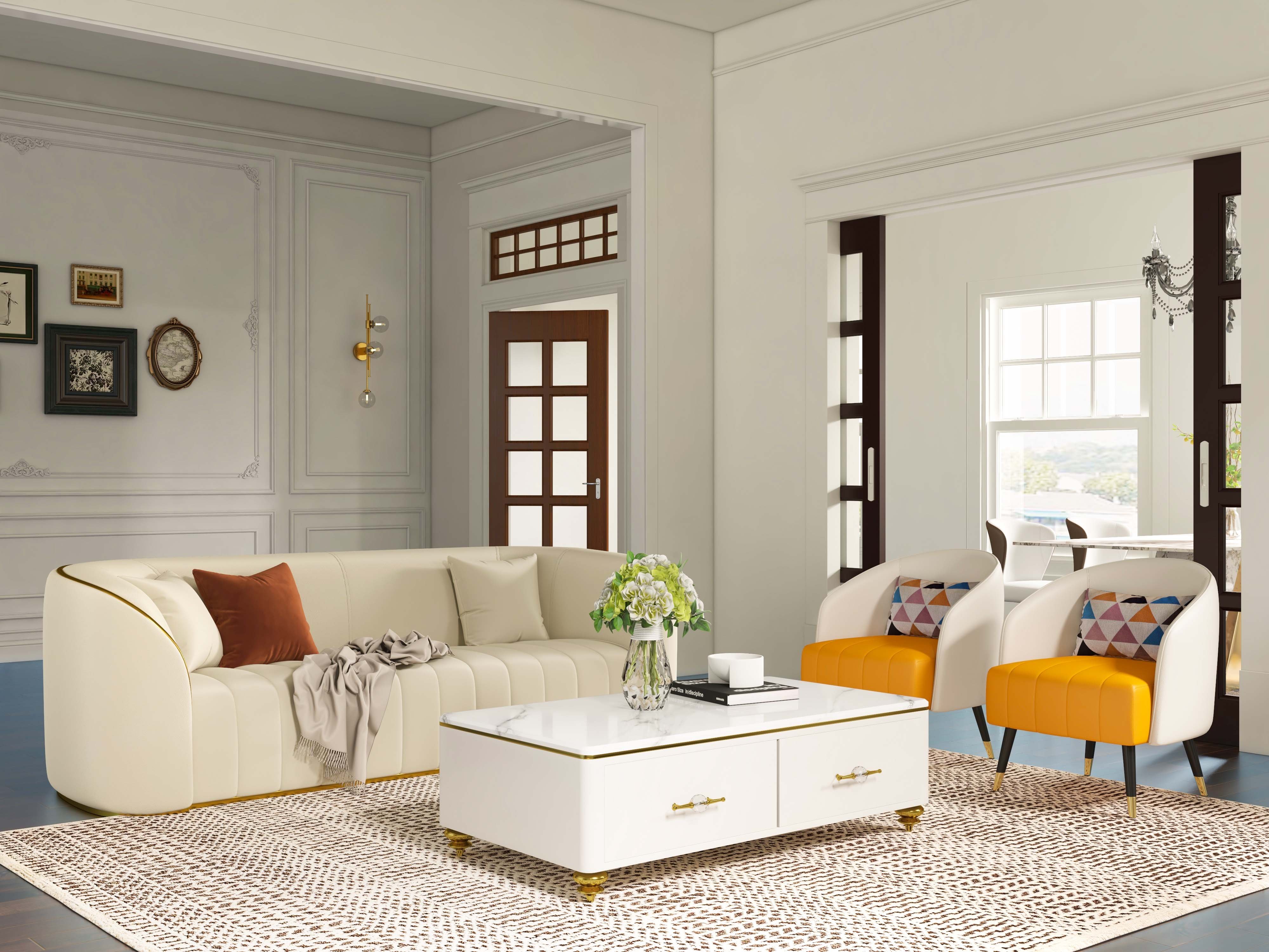 HMR Modern 3-Seater Sofa with Faux Leather Upholstered - White/Gold