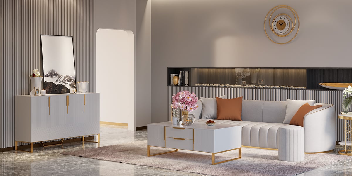 HMR Modern 3-Seater Sofa with Faux Leather Upholstered - White/Gold