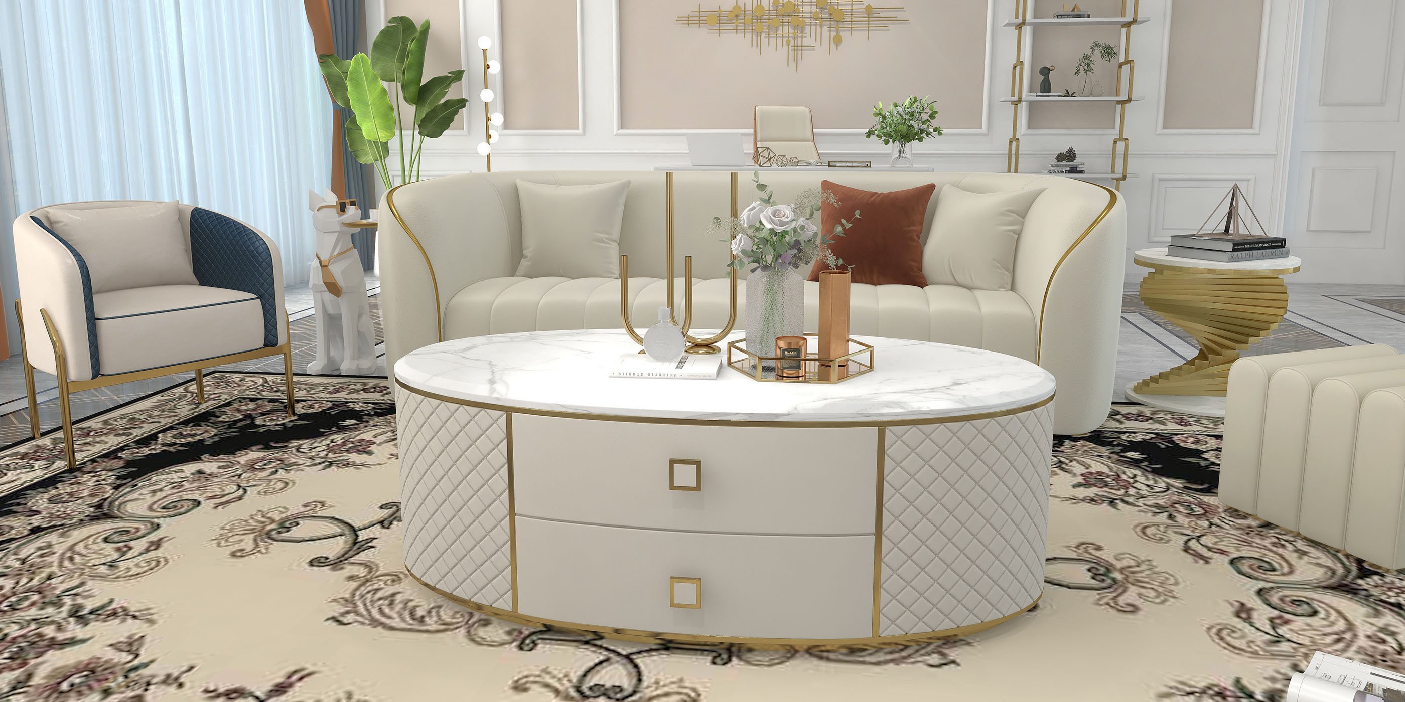 HMR Modern 3-Seater Sofa with Faux Leather Upholstered - White/Gold