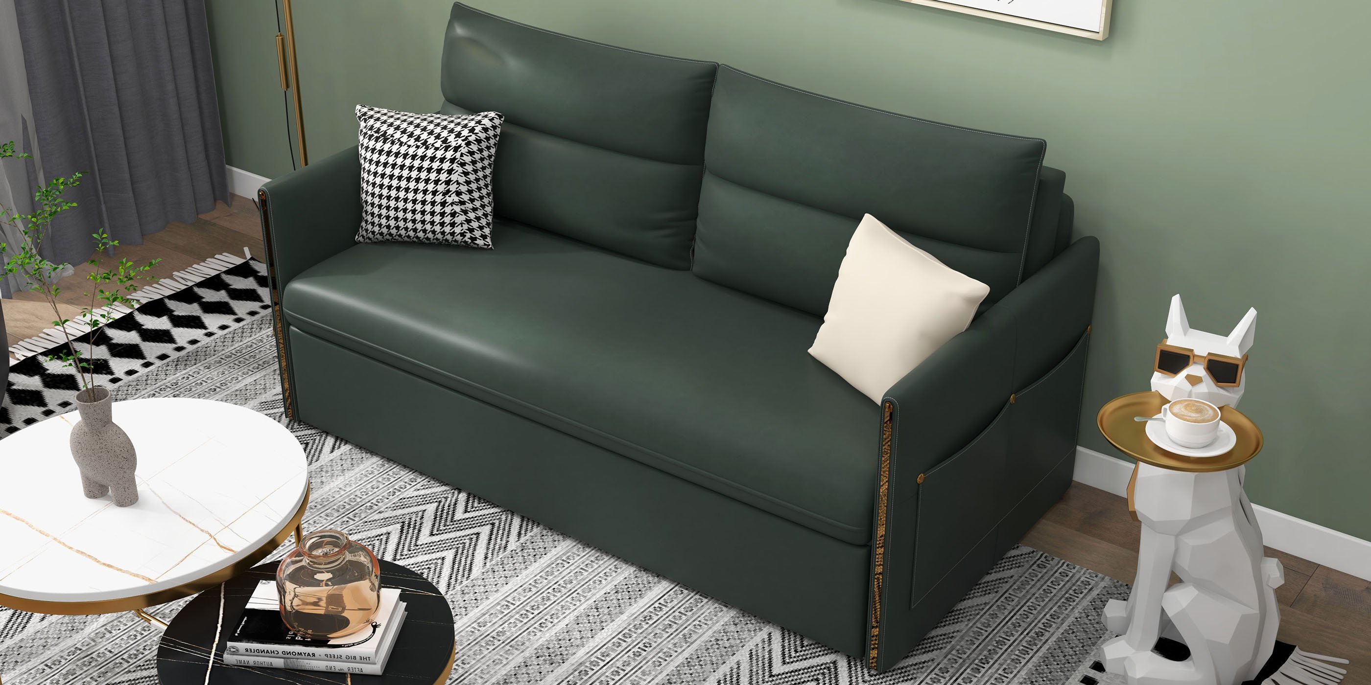 HMR - Convertible Sofa Bed with Storage in 64"L, Green