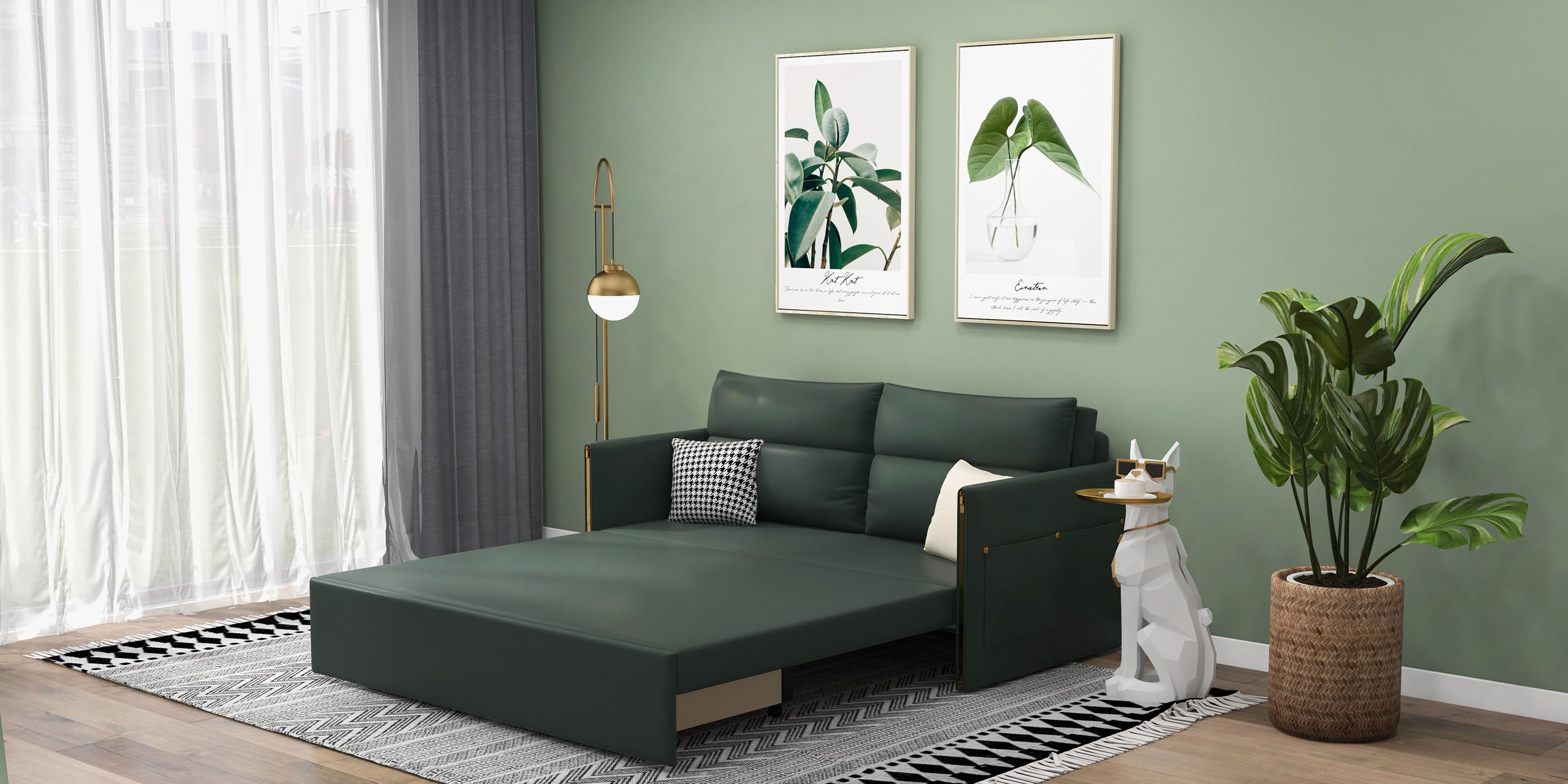 HMR - Convertible Sofa Bed with Storage in 64"L, Green