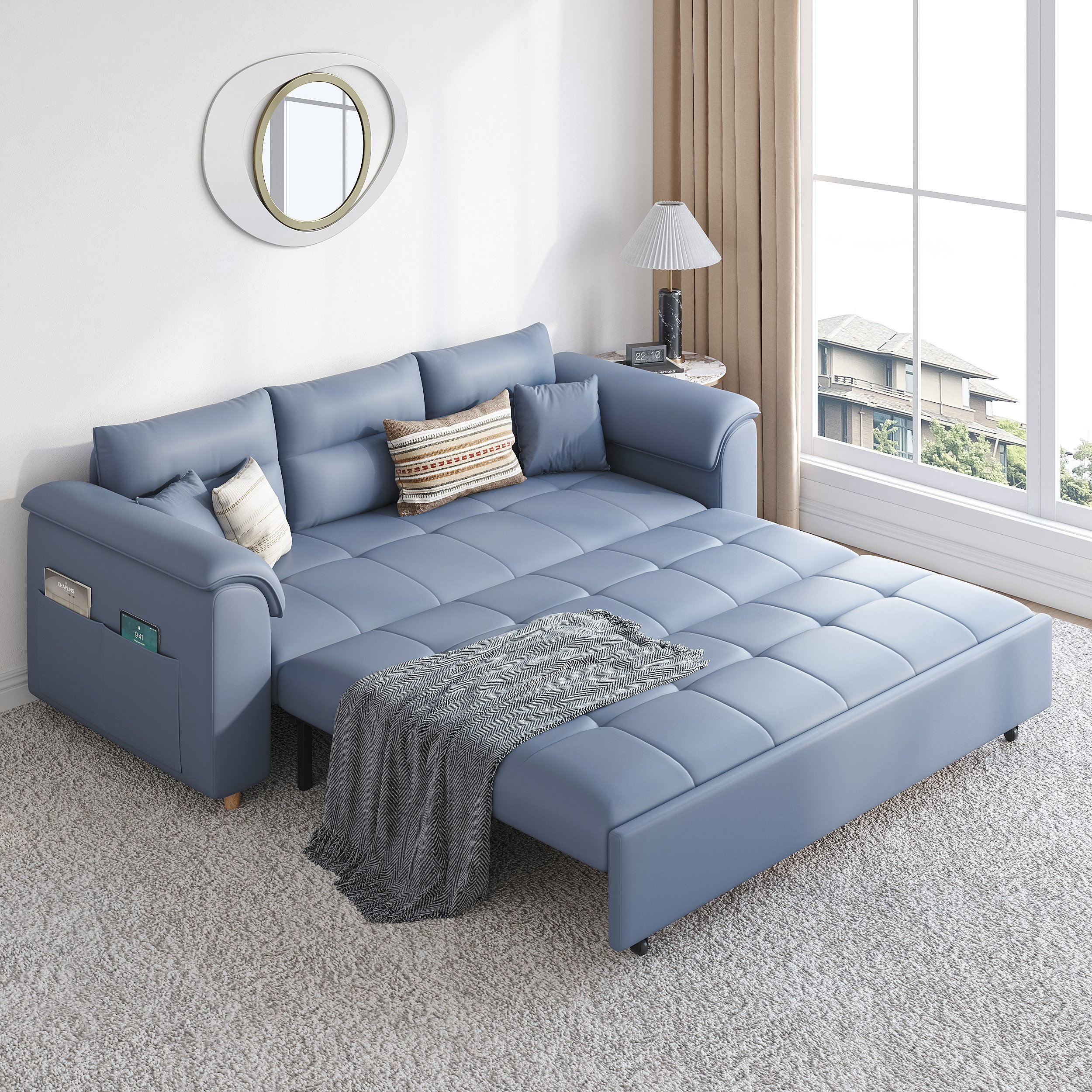 HMR Queen 2-Seater Sleeper Sofa - Blue, Leath-aire