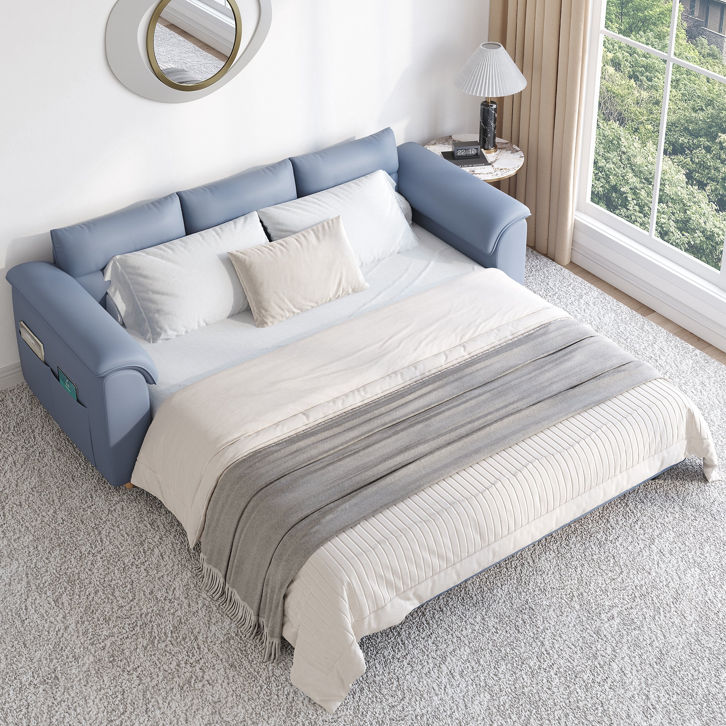 HMR Queen 2-Seater Sleeper Sofa - Blue, Leath-aire