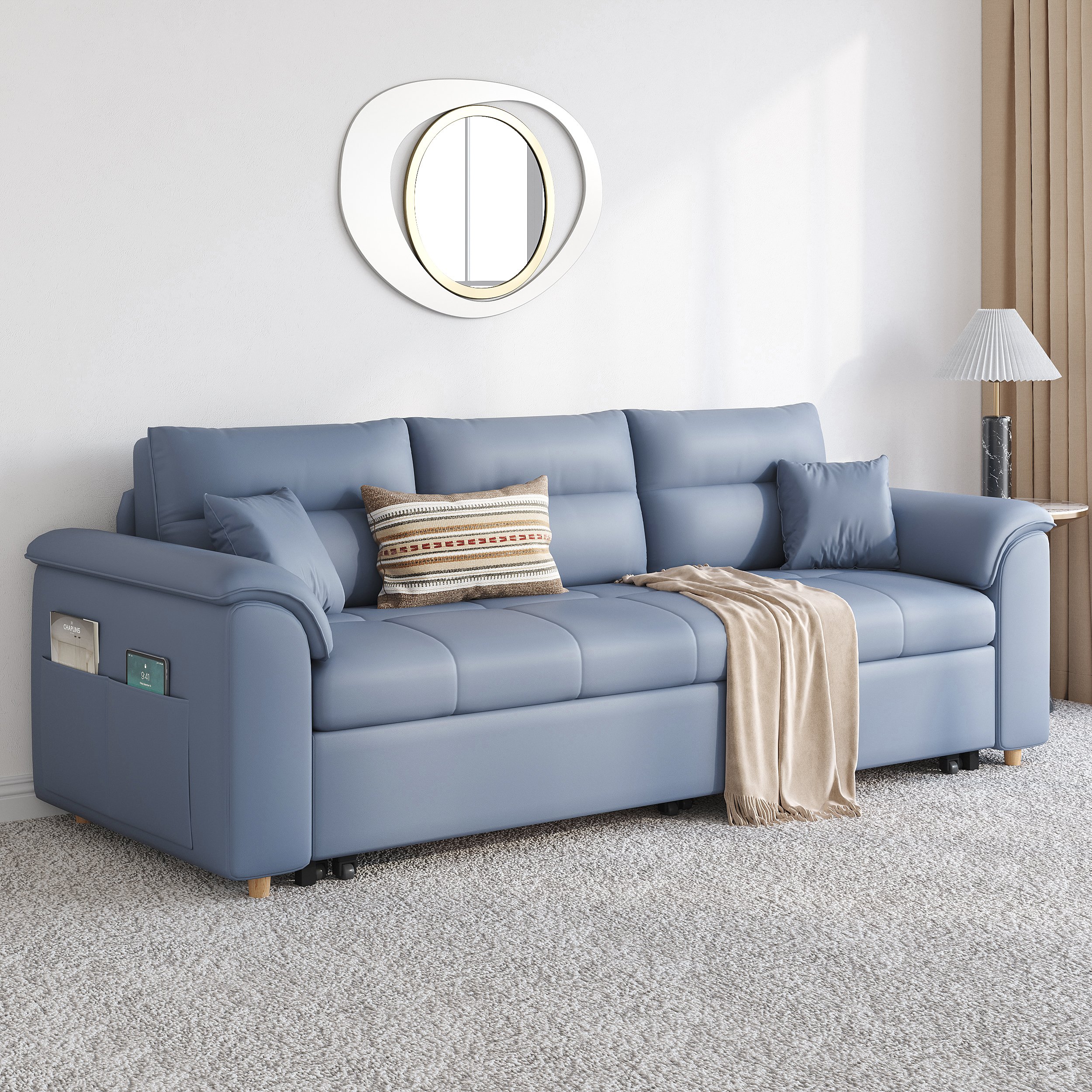 HMR Queen 2-Seater Sleeper Sofa - Blue, Leath-aire