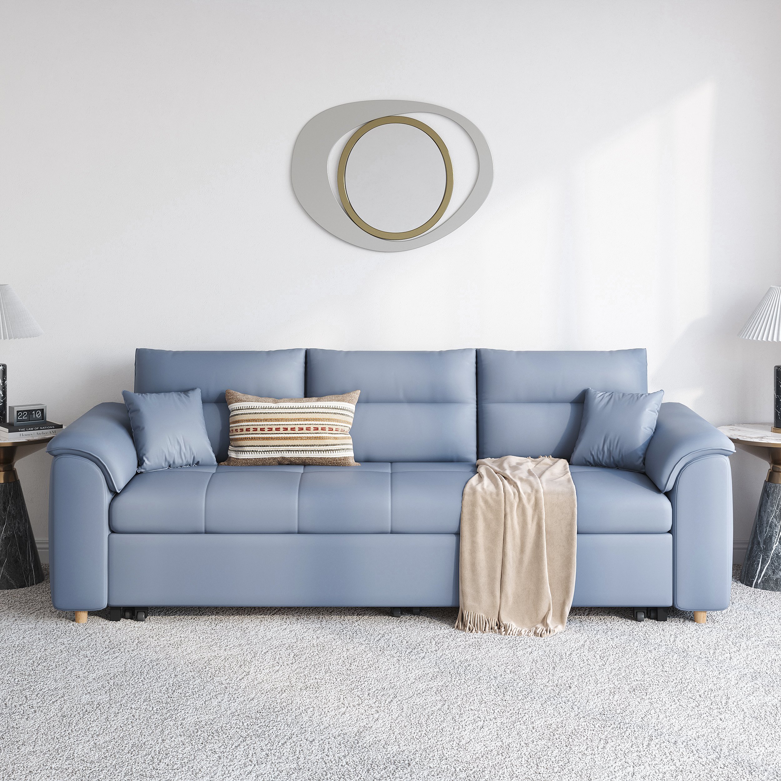 HMR Queen 2-Seater Sleeper Sofa - Blue, Leath-aire