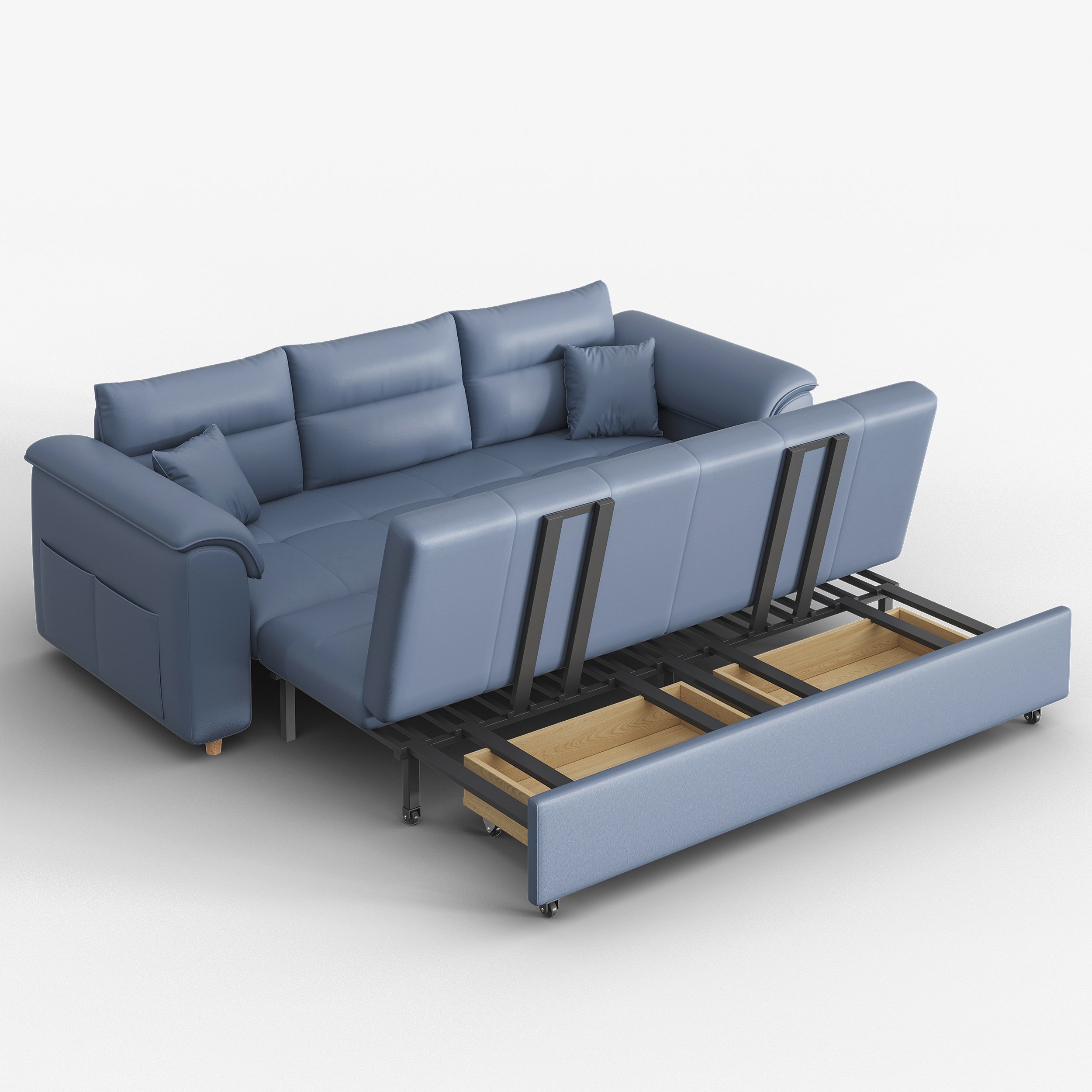 HMR Queen 2-Seater Sleeper Sofa - Blue, Leath-aire
