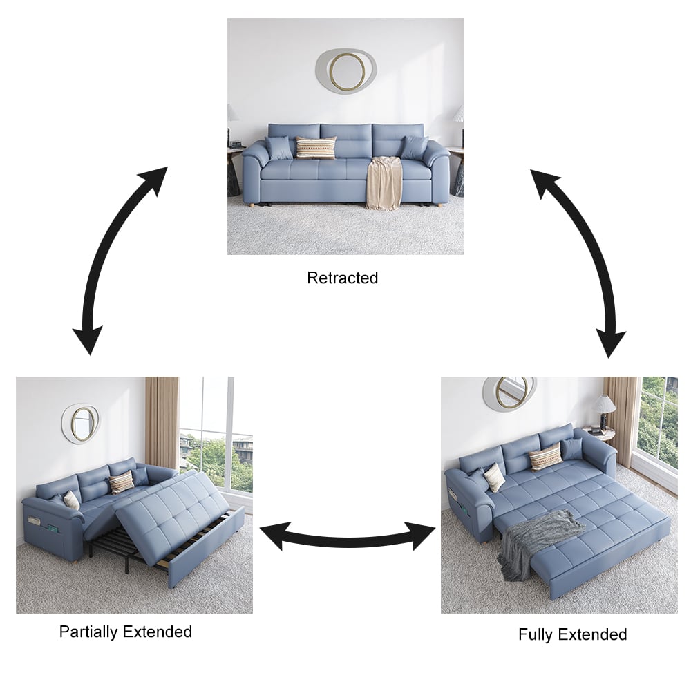HMR Queen 2-Seater Sleeper Sofa - Blue, Leath-aire