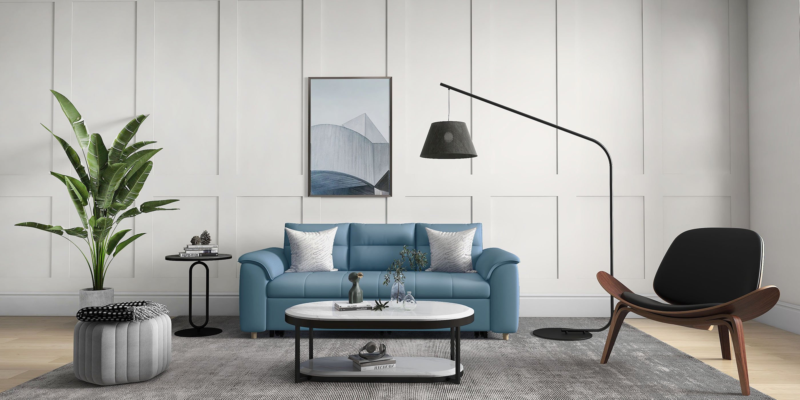 HMR Queen 2-Seater Sleeper Sofa - Blue, Leath-aire