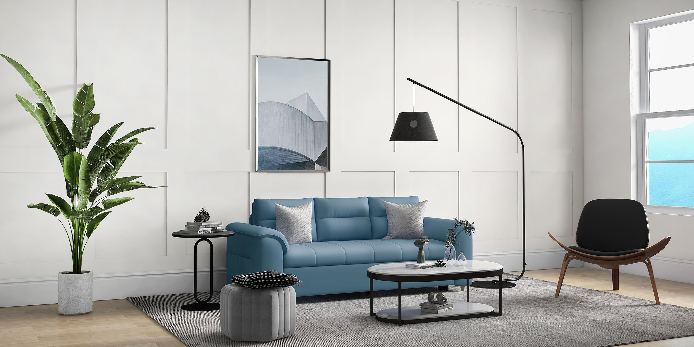 HMR Queen 2-Seater Sleeper Sofa - Blue, Leath-aire