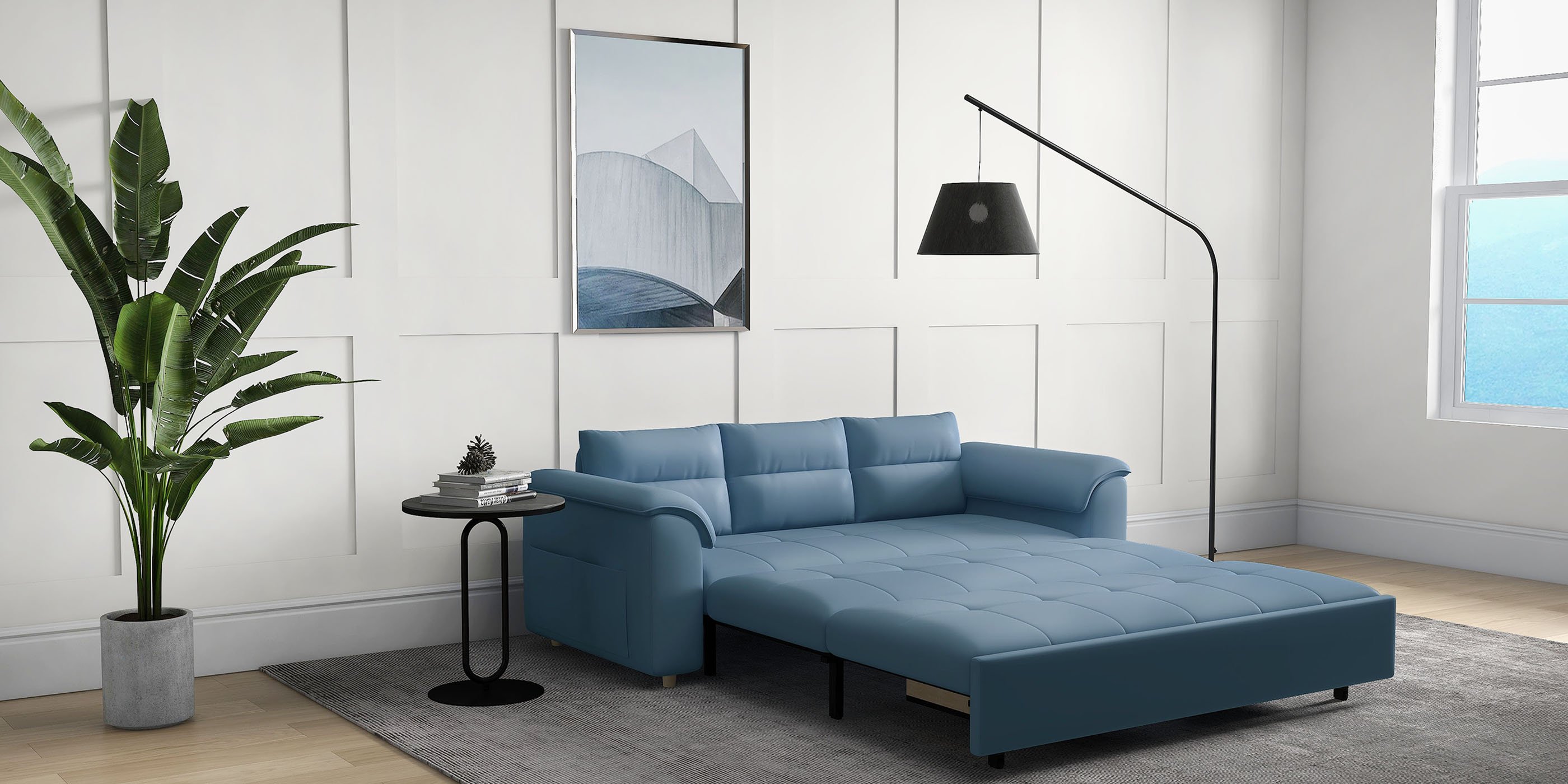 HMR Queen 2-Seater Sleeper Sofa - Blue, Leath-aire
