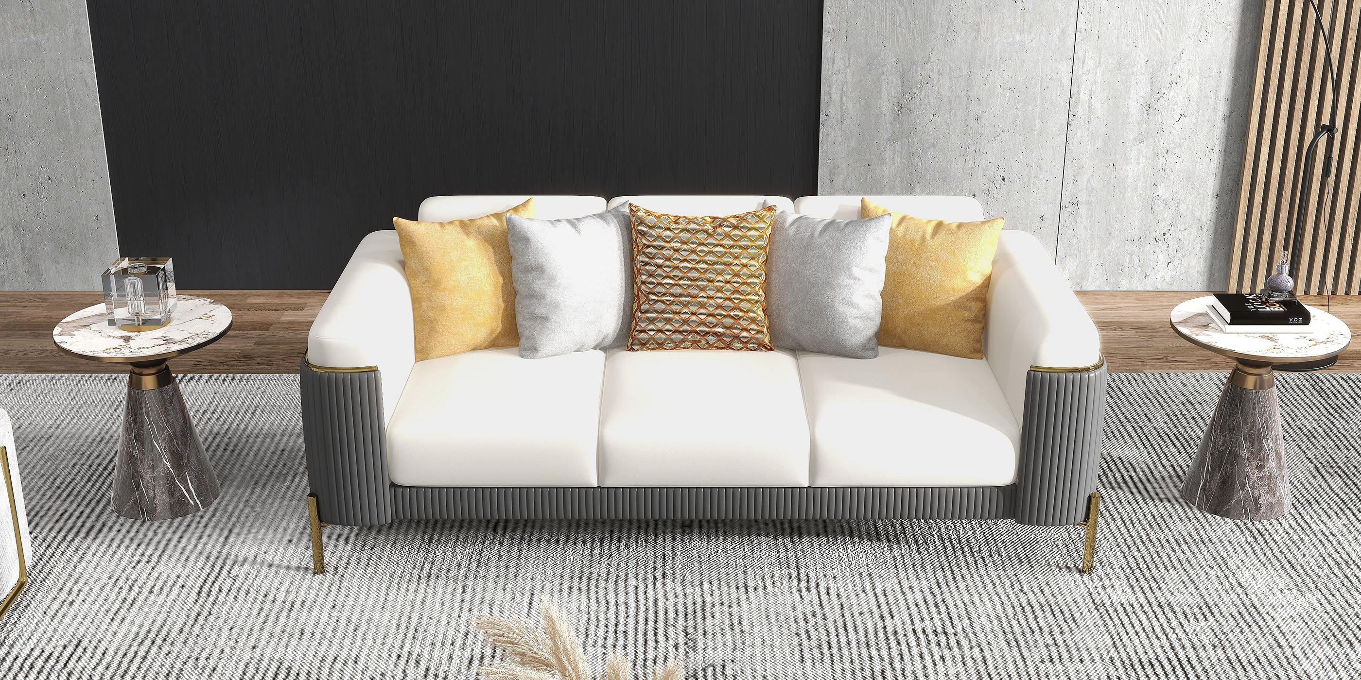 HMR - Vertex 85" Modern Nappa Leather Upholstered 3-Seater Sofa Pillow Included