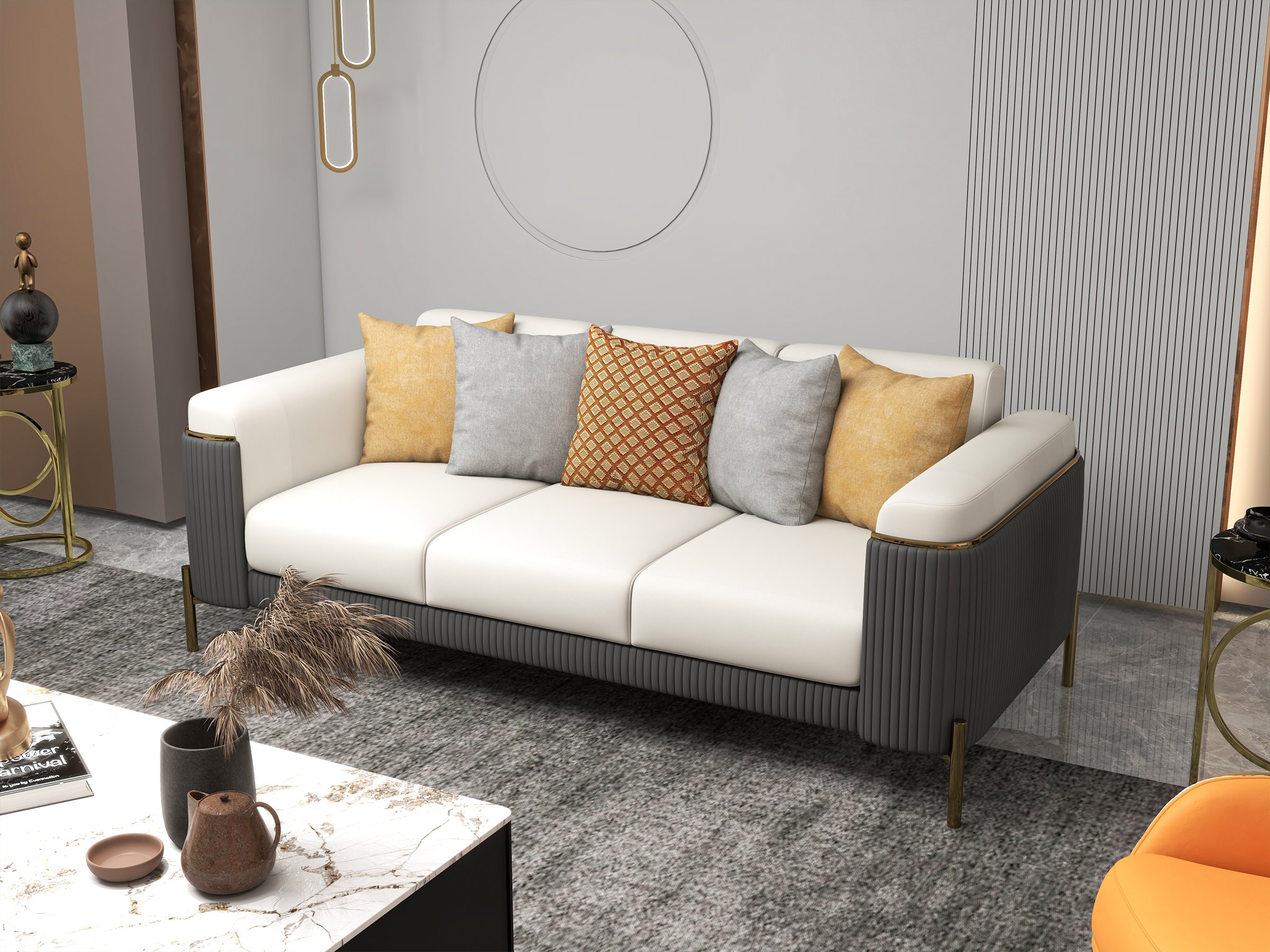 HMR - Vertex 85" Modern Nappa Leather Upholstered 3-Seater Sofa Pillow Included
