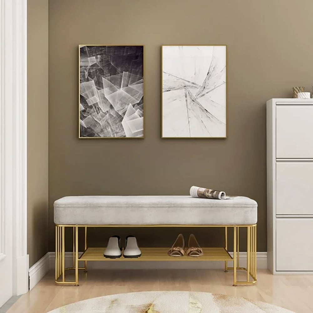 HMR - Modern Velvet Upholstered Entryway Bench with Shoe Storage with Frame and Shel in Gray