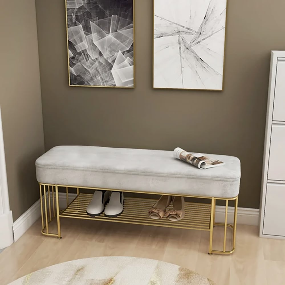 HMR - Modern Velvet Upholstered Entryway Bench with Shoe Storage with Frame and Shel in Gray
