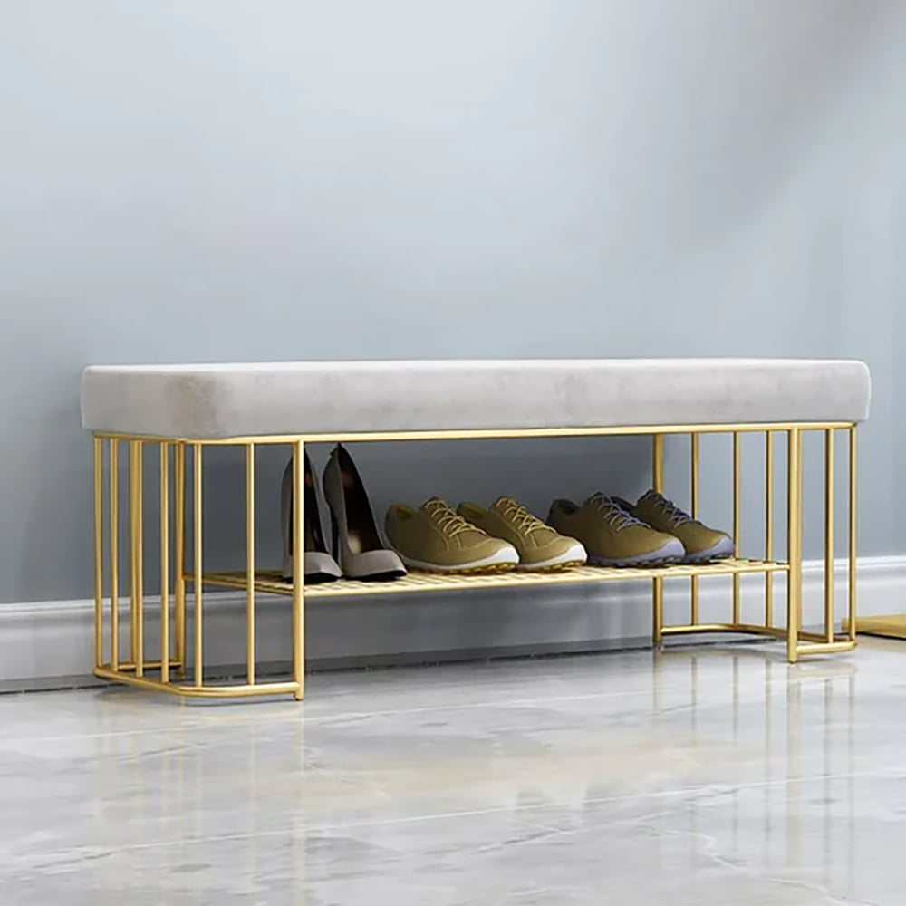 HMR - Modern Velvet Upholstered Entryway Bench with Shoe Storage with Frame and Shel in Gray