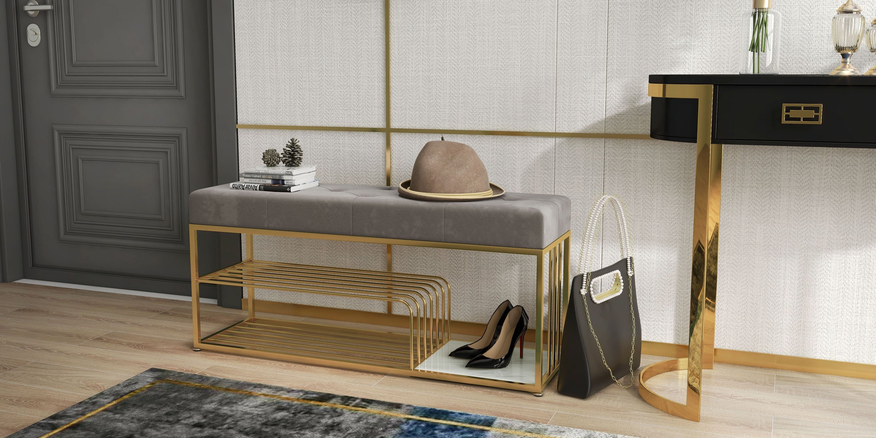 HMR Bench with Velvet Upholstered - Gray