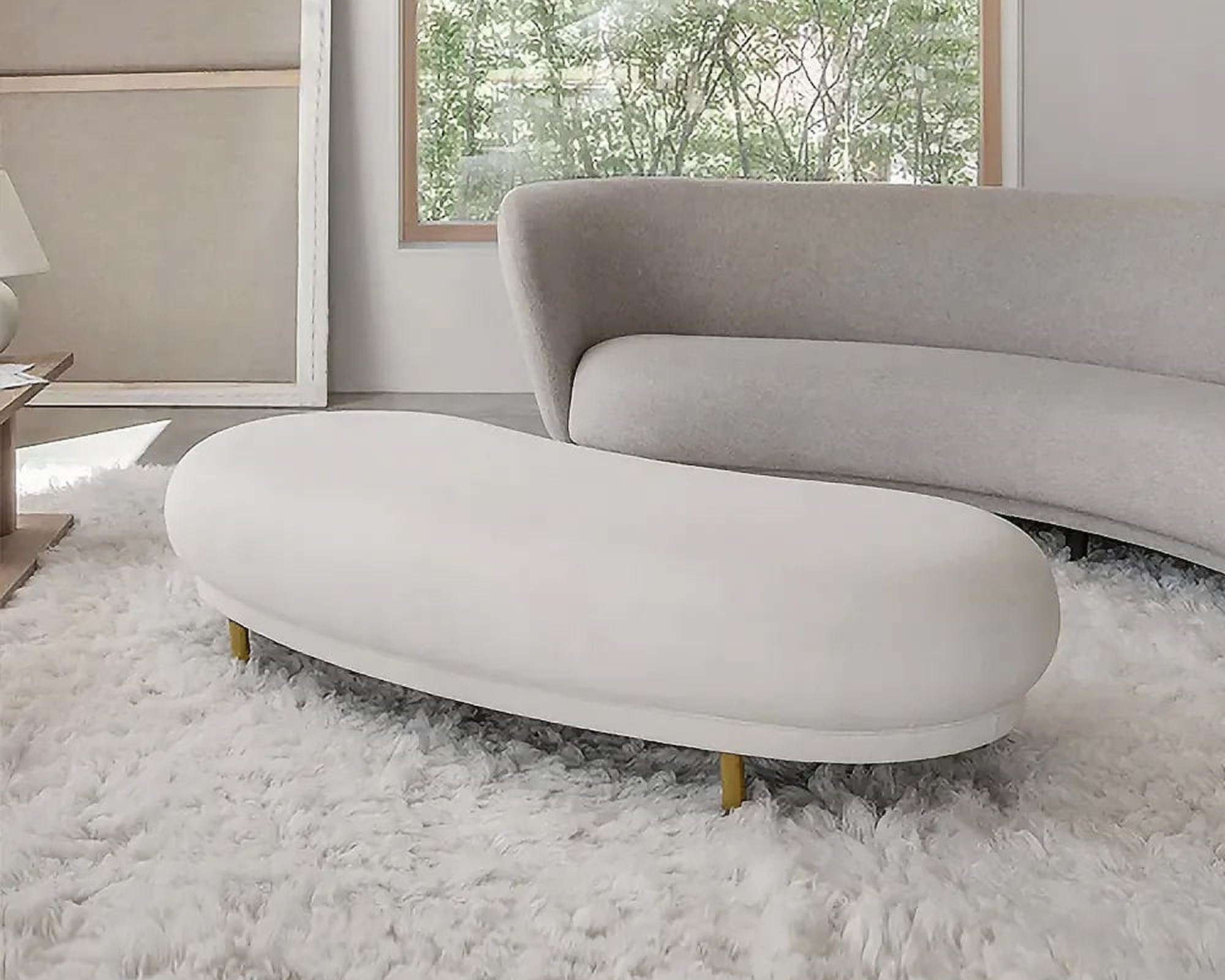 HMR Modern Curved Bench with Velvet Upholstered - White