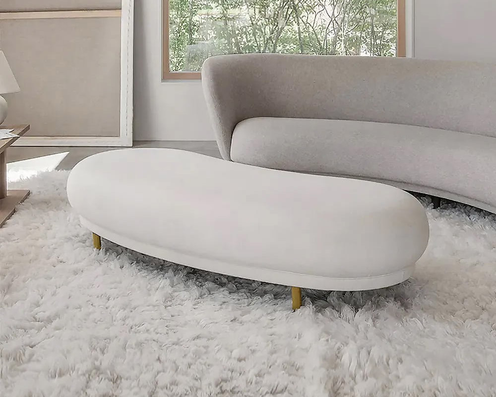 HMR Modern Curved Bench with Velvet Upholstered - White