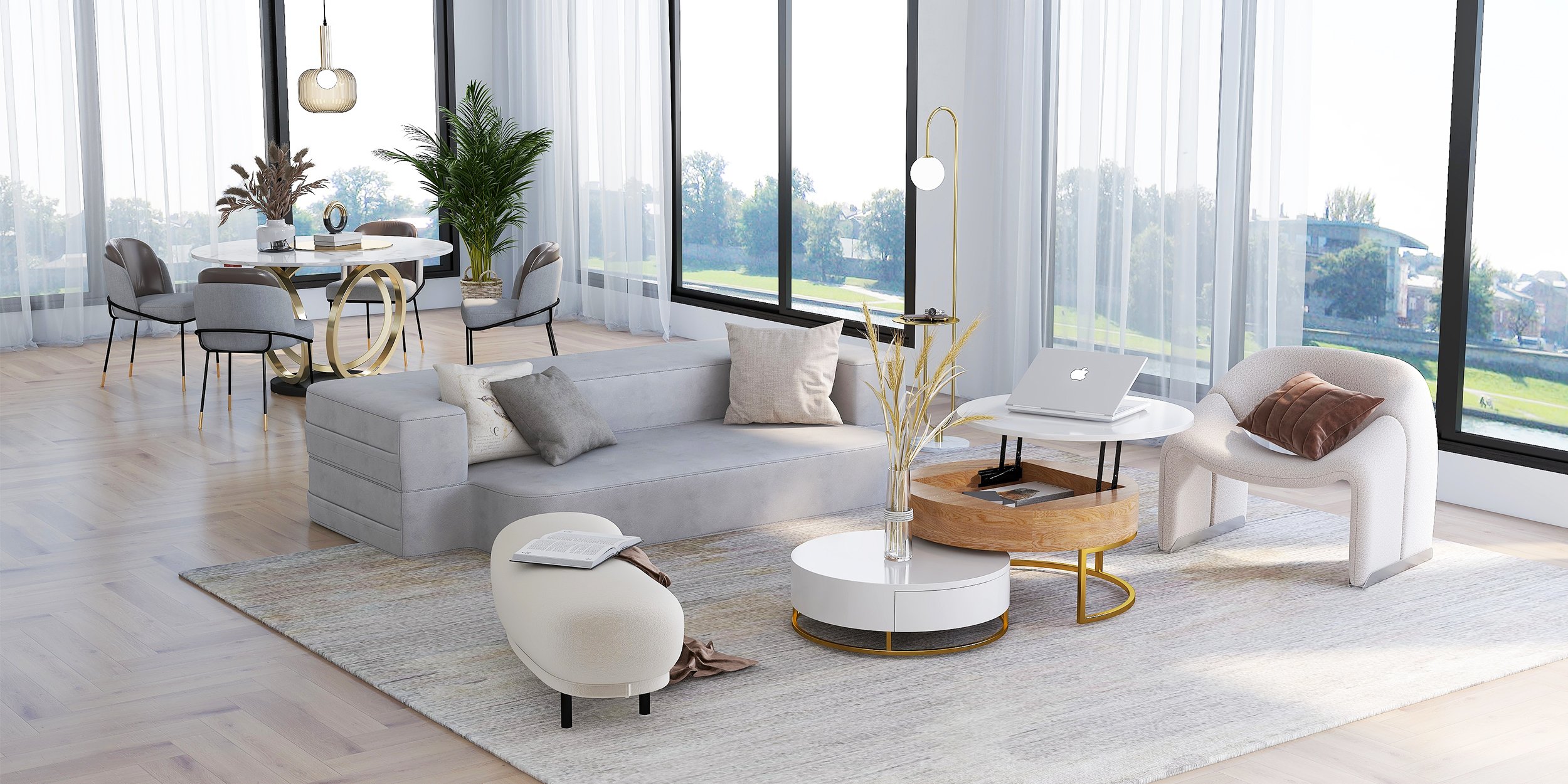 HMR Modern Curved Bench with Velvet Upholstered - White