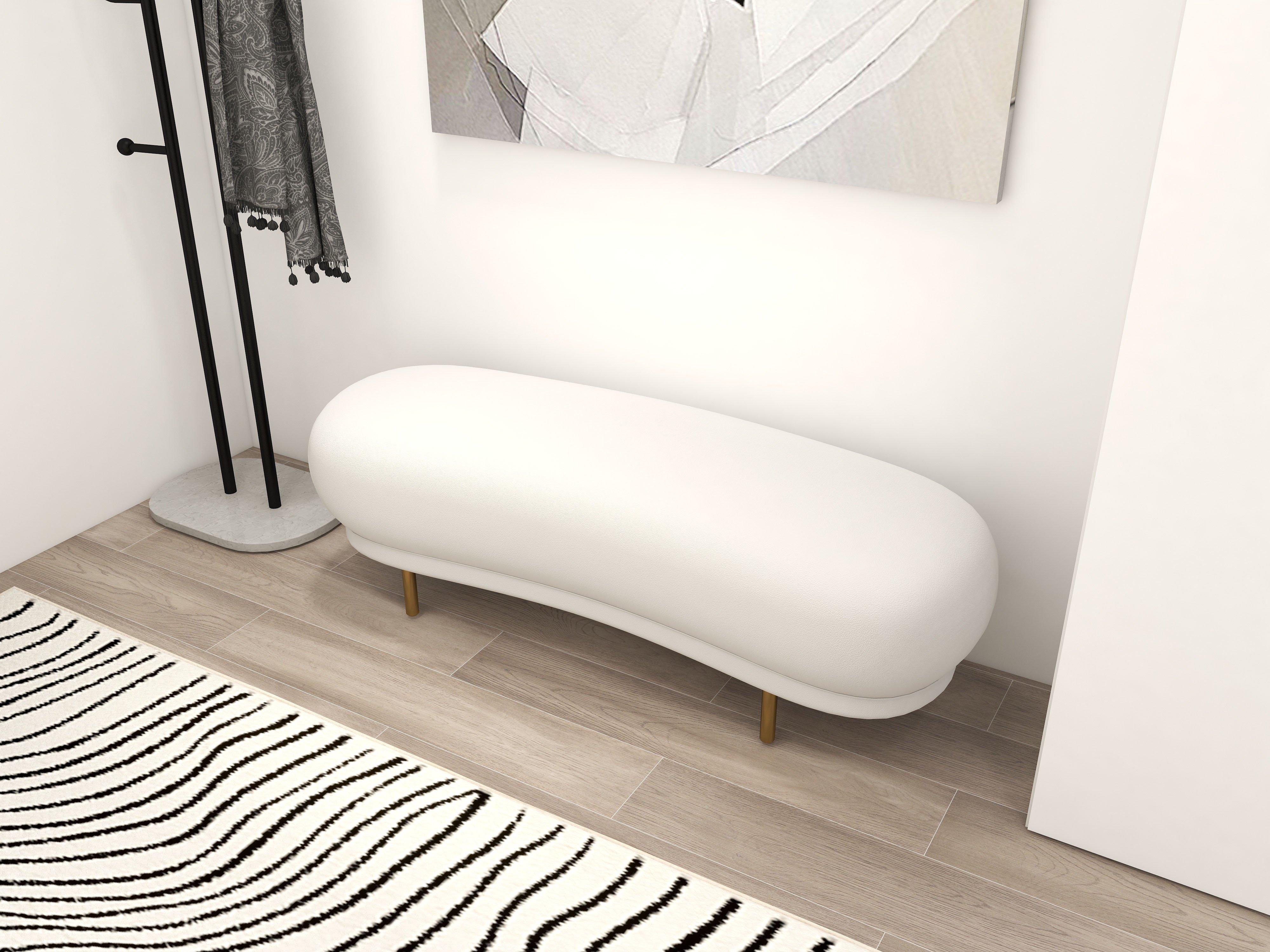 HMR Modern Curved Bench with Velvet Upholstered - White