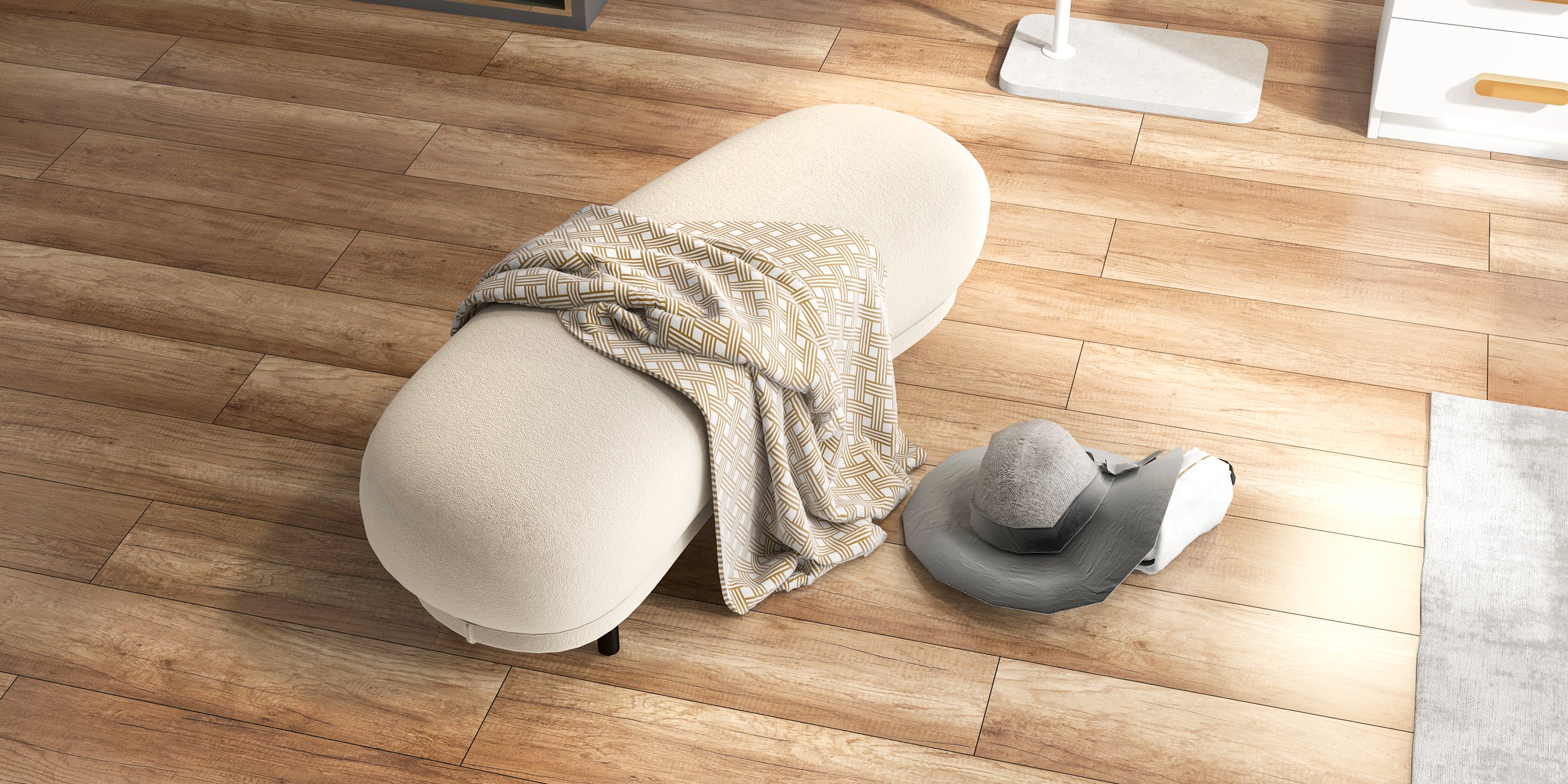 HMR Modern Curved Bench with Velvet Upholstered - White