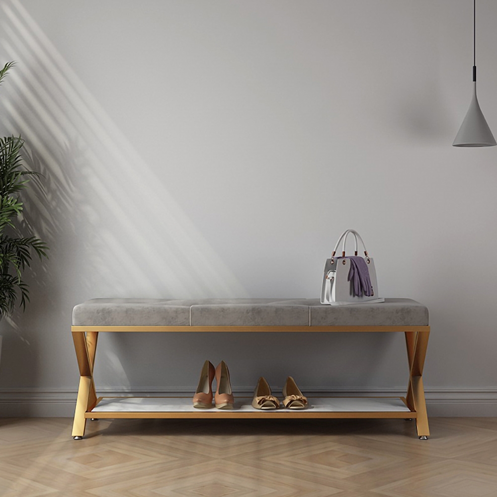 HMR - Velvet Upholstered with X-Shaped Base Entryway Bench with Storage Bed Bench in Gray