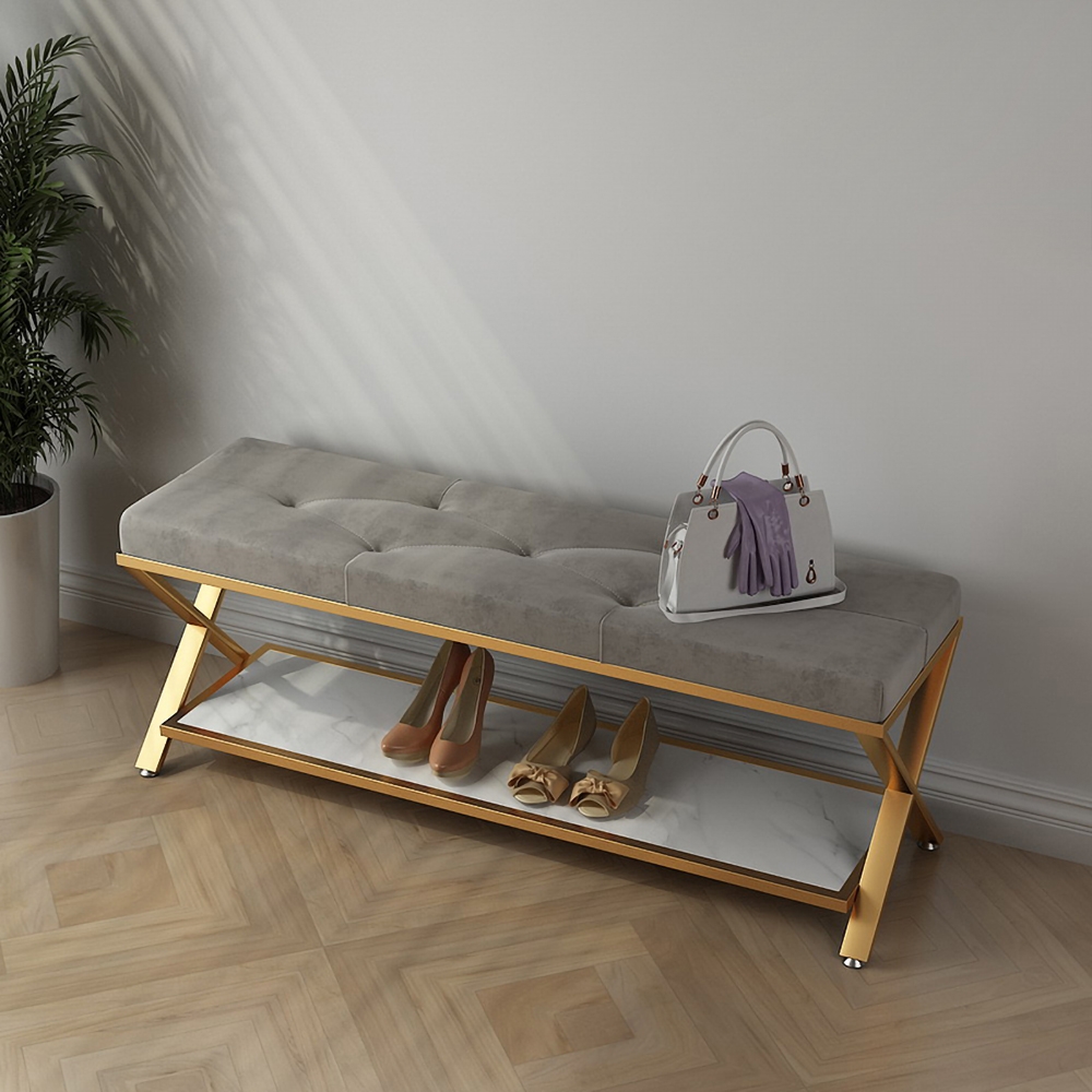 HMR - Velvet Upholstered with X-Shaped Base Entryway Bench with Storage Bed Bench in Gray