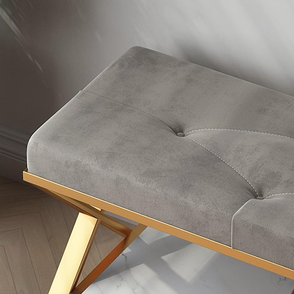 HMR - Velvet Upholstered with X-Shaped Base Entryway Bench with Storage Bed Bench in Gray