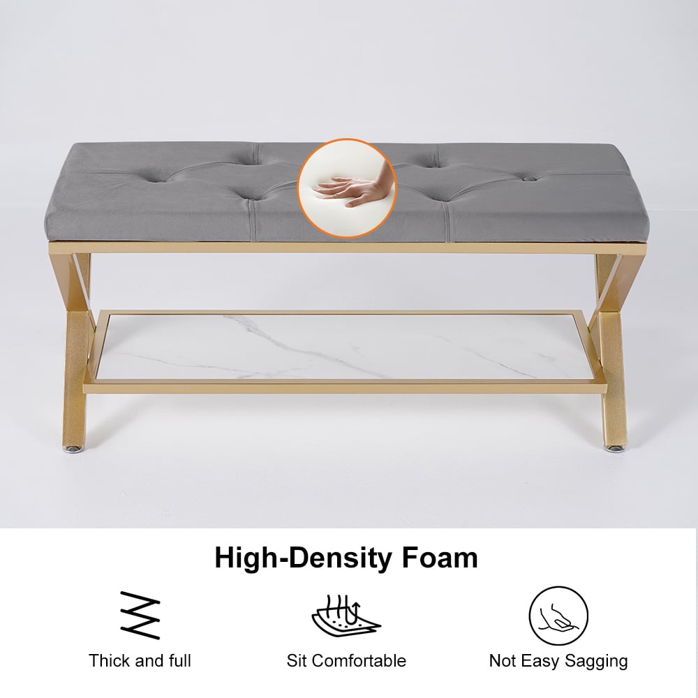 HMR - Velvet Upholstered with X-Shaped Base Entryway Bench with Storage Bed Bench in Gray