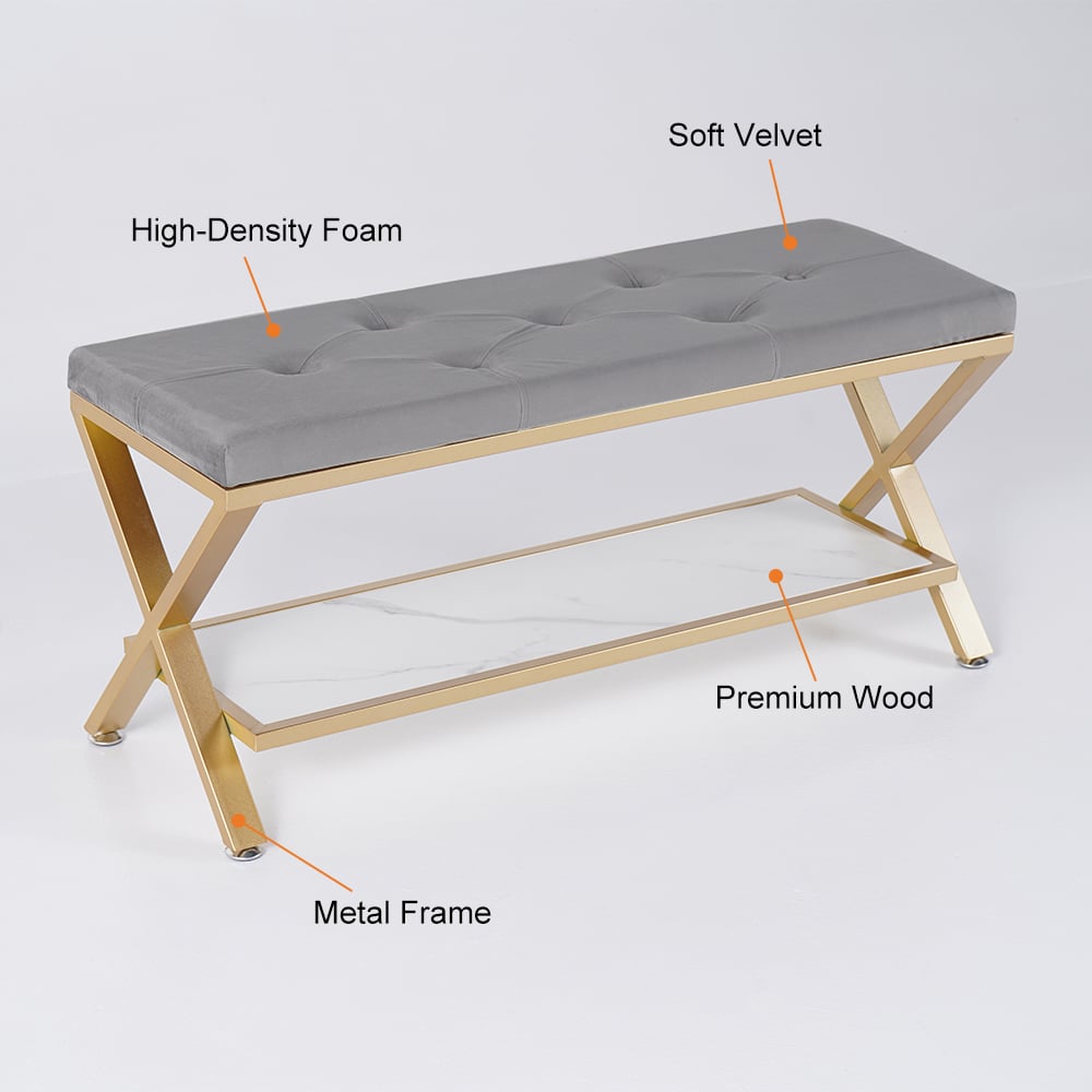 HMR - Velvet Upholstered with X-Shaped Base Entryway Bench with Storage Bed Bench in Gray