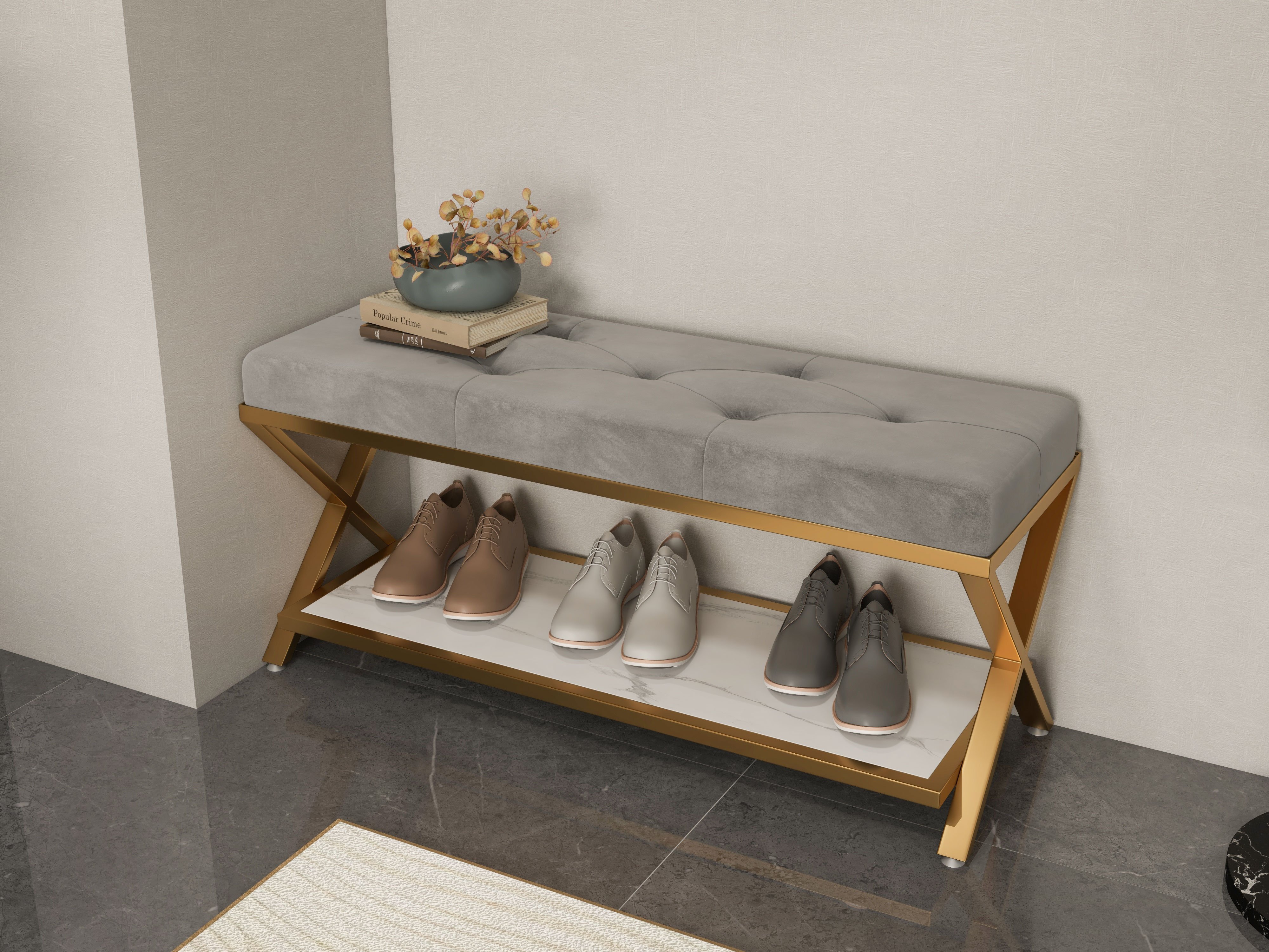 HMR - Velvet Upholstered with X-Shaped Base Entryway Bench with Storage Bed Bench in Gray