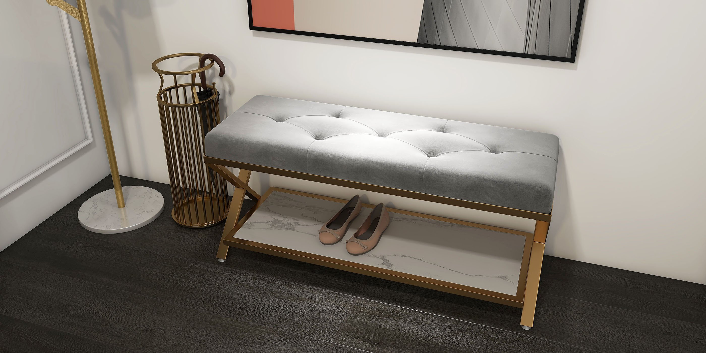 HMR - Velvet Upholstered with X-Shaped Base Entryway Bench with Storage Bed Bench in Gray