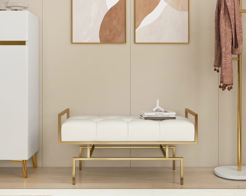 HMR Modern Bench with Leather Upholstered - Beige