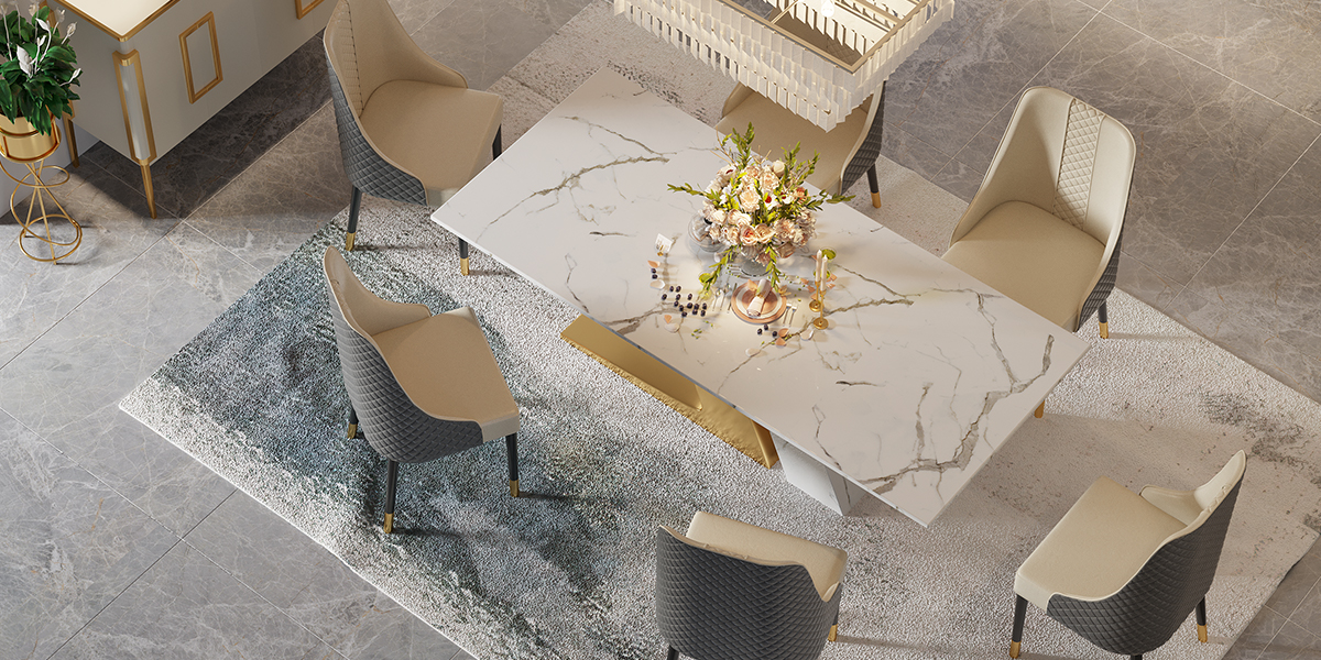 HMR Luxury 79" Rectangle Dining Table for 6-8 People - White/Brushed Gold