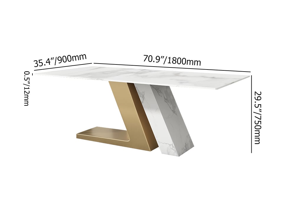 HMR Luxury 71" Rectangle Dining Table for 4-6 People - White/Brushed Gold