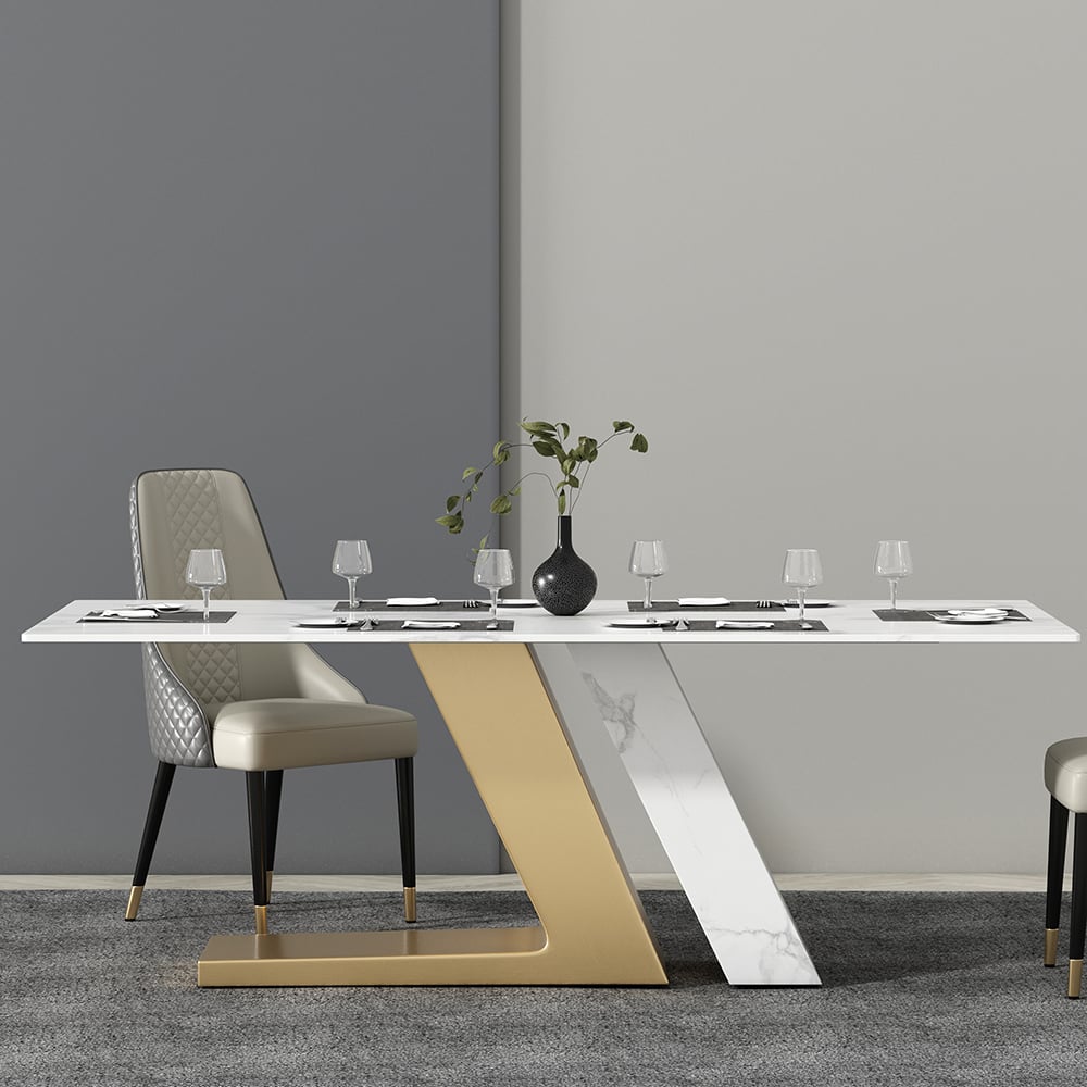 HMR Luxury 63" Rectangle Dining Table for 6-8 People - White/Brushed Gold