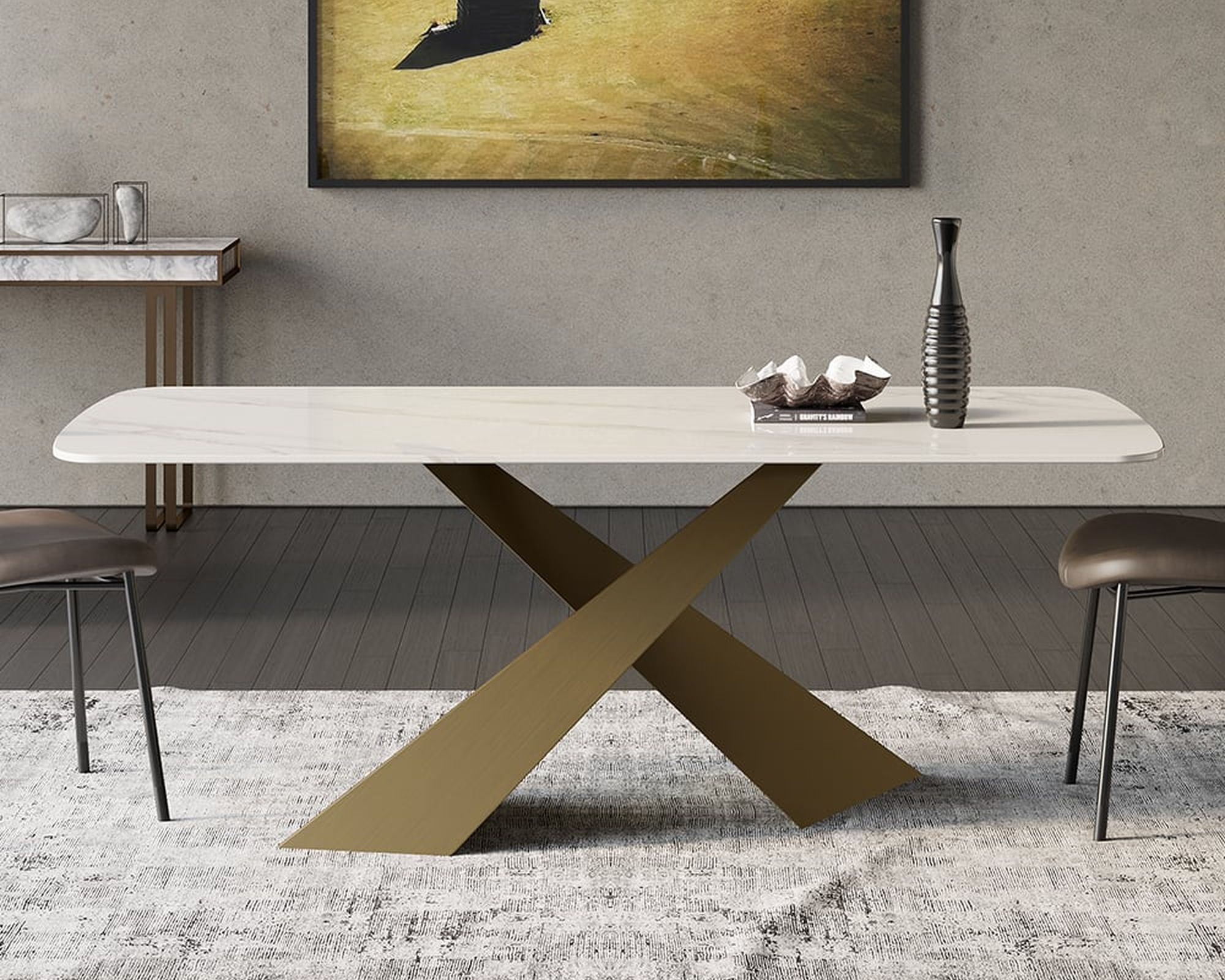 HMR Luxury Modern 78.7" Rectangle Dining Table for 6-8 People - White/Antique Brass, Sintered Stone