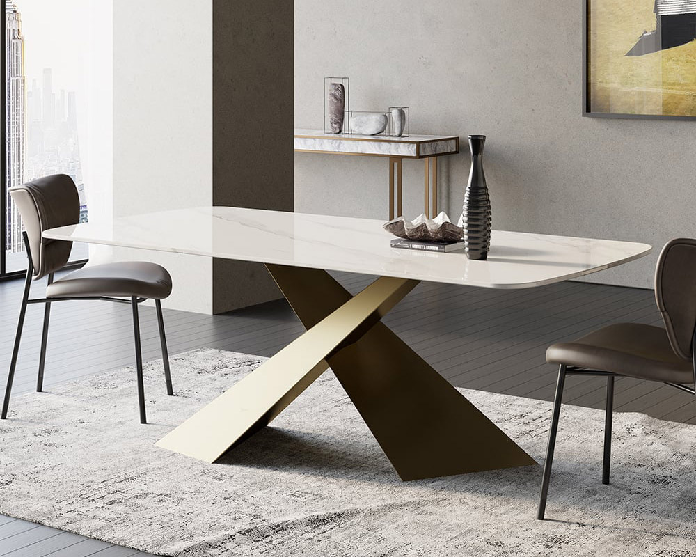 HMR Luxury Modern 78.7" Rectangle Dining Table for 6-8 People - White/Antique Brass, Sintered Stone