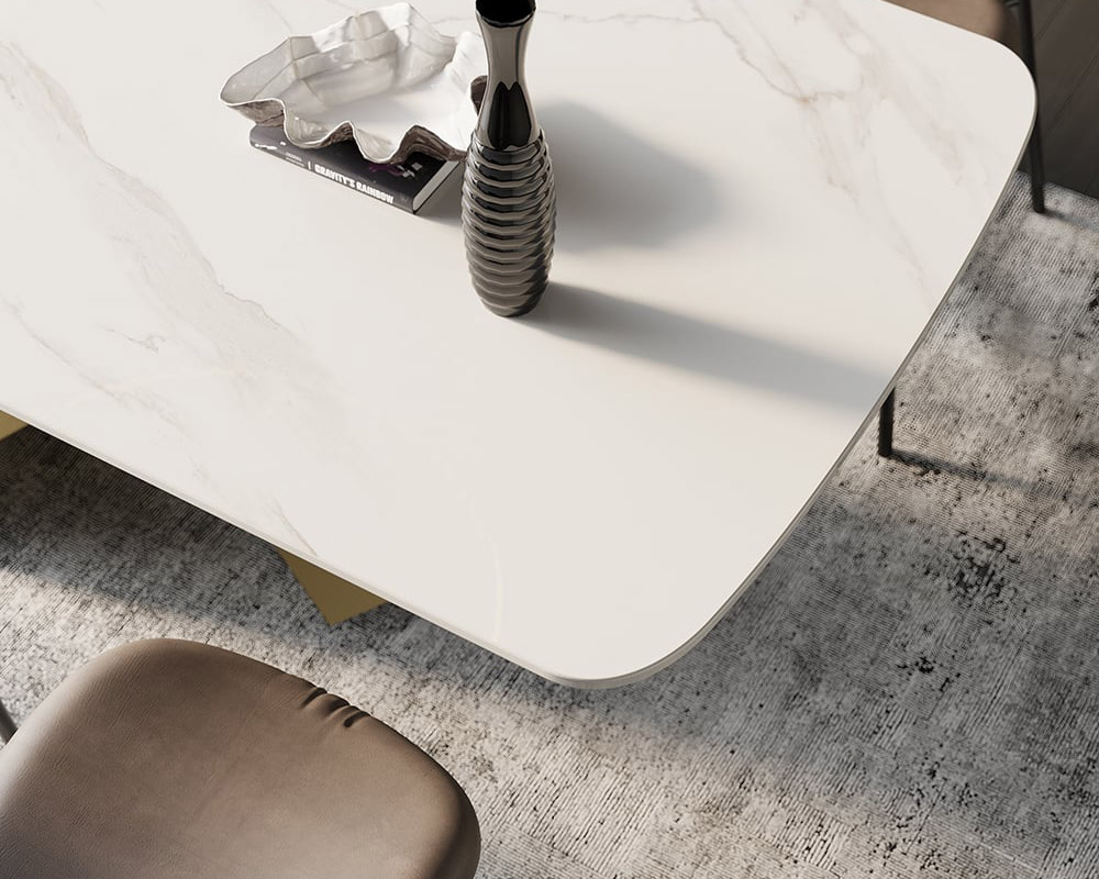 HMR Luxury Modern 78.7" Rectangle Dining Table for 6-8 People - White/Antique Brass, Sintered Stone