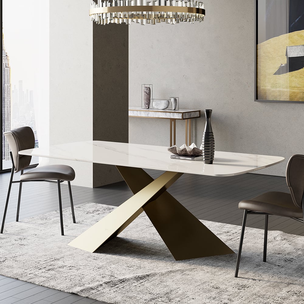 HMR Luxury Modern 70.9" Rectangle Dining Table for 4-6 People - White/Antique Brass, Sintered Stone