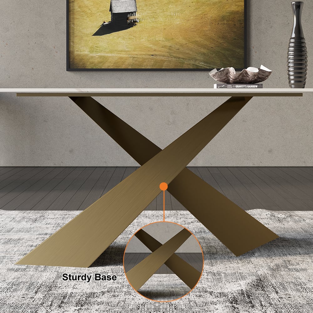 HMR Luxury Modern 70.9" Rectangle Dining Table for 4-6 People - White/Antique Brass, Sintered Stone