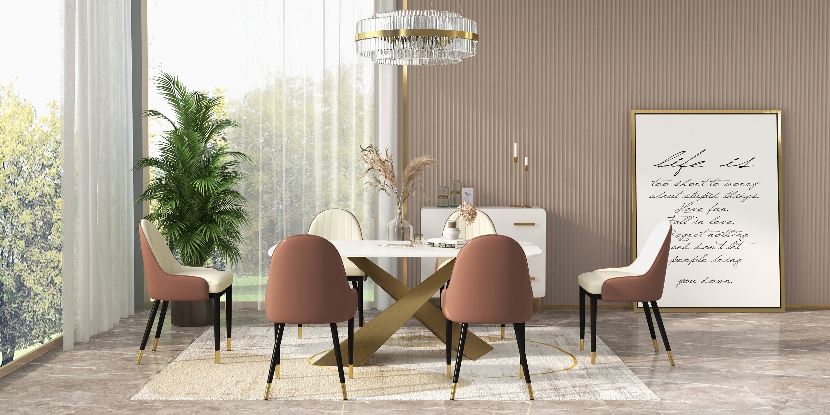 HMR Luxury Modern 70.9" Rectangle Dining Table for 4-6 People - White/Antique Brass, Sintered Stone