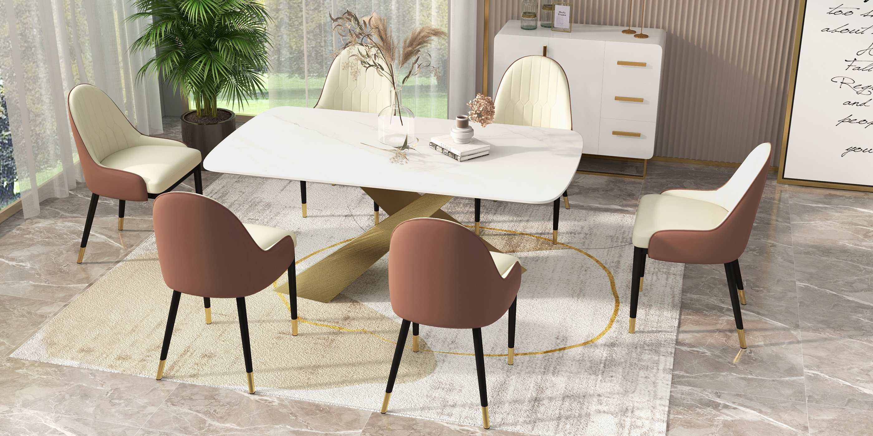 HMR Luxury Modern 70.9" Rectangle Dining Table for 4-6 People - White/Antique Brass, Sintered Stone