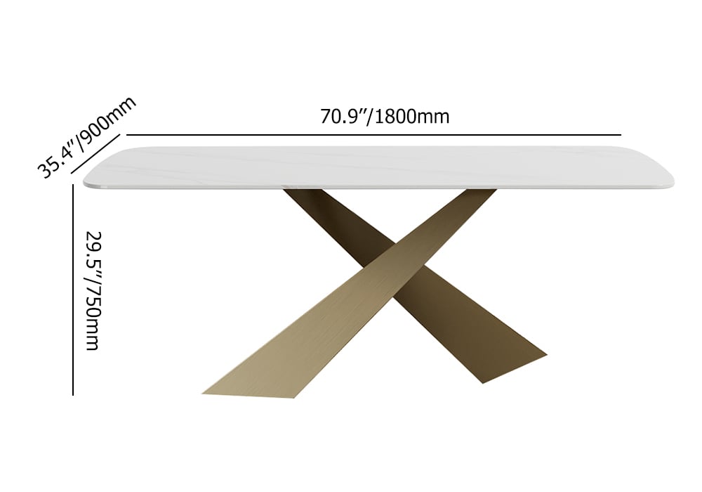 HMR Luxury Modern 70.9" Rectangle Dining Table for 4-6 People - White/Antique Brass, Sintered Stone