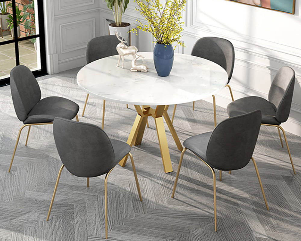 HMR - Round Table for Dining with Metal Base in Gold and White