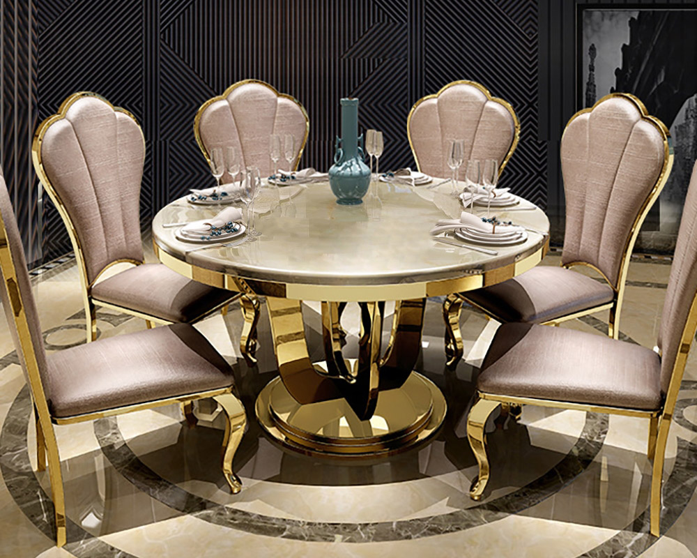 HMR - Round Dining Table with Stainless Steel Base in 47"L, Beige