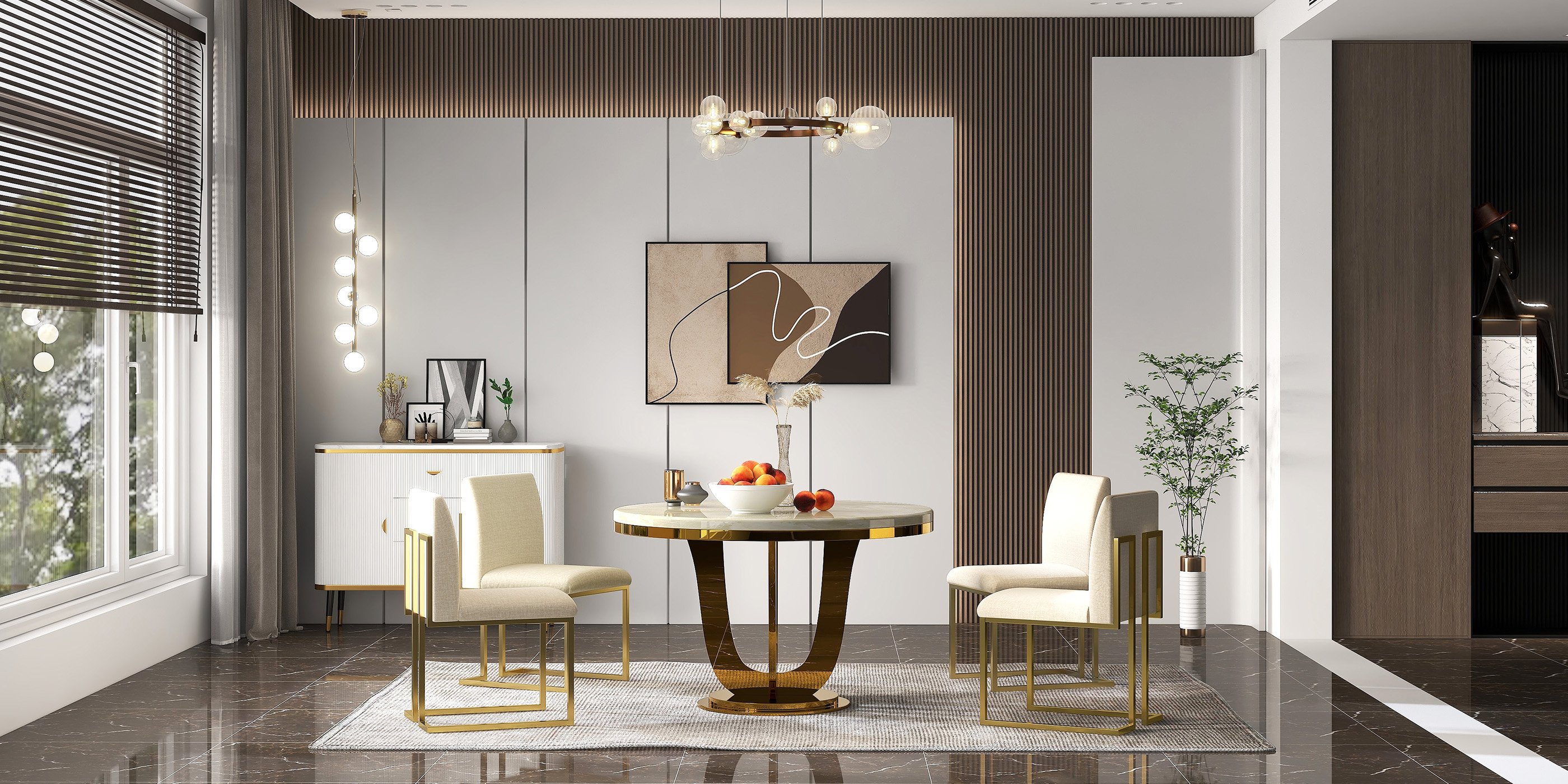 HMR - Round Dining Table with Stainless Steel Base in 47"L, Beige