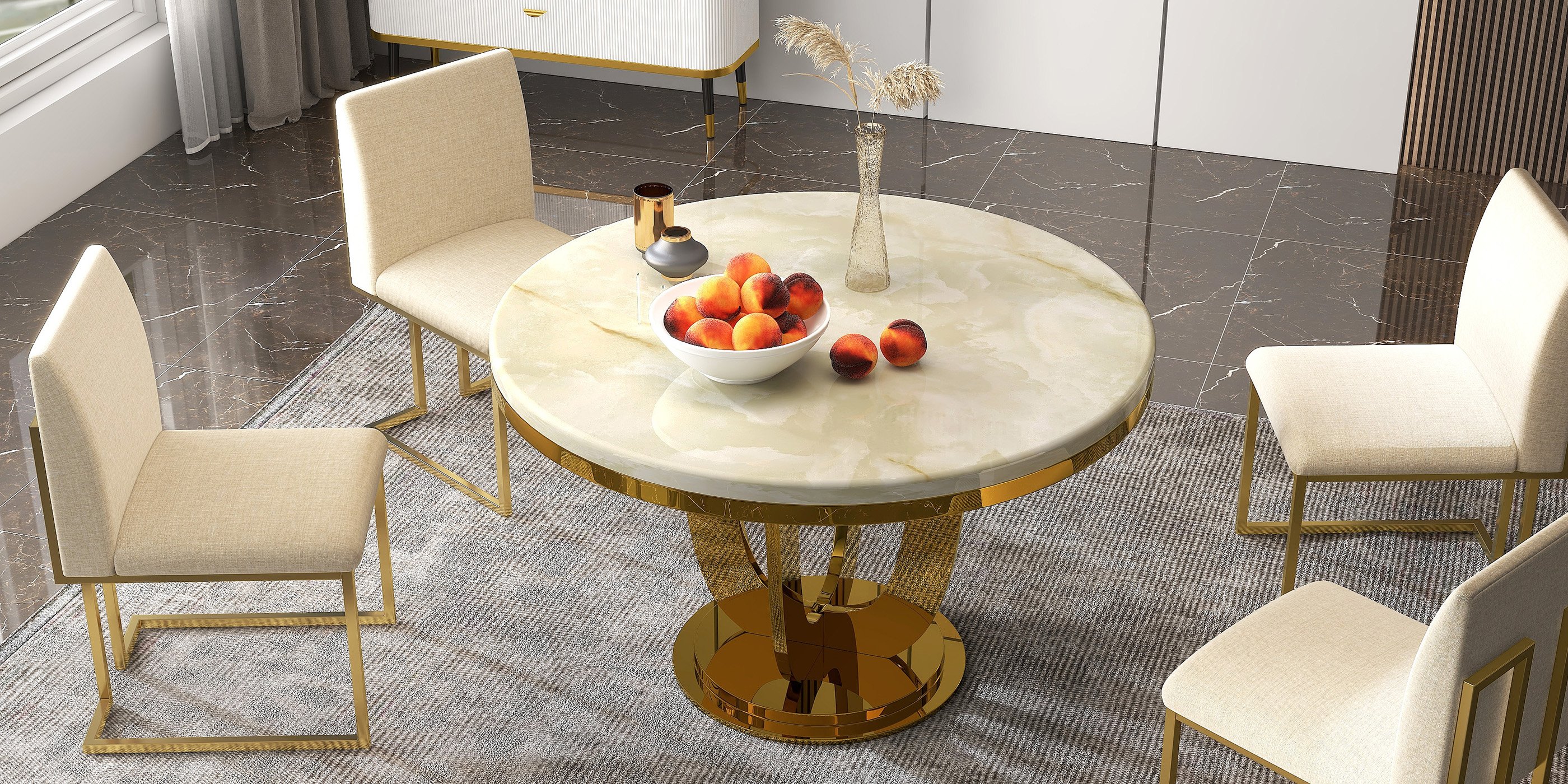 HMR - Round Dining Table with Stainless Steel Base in 47"L, Beige